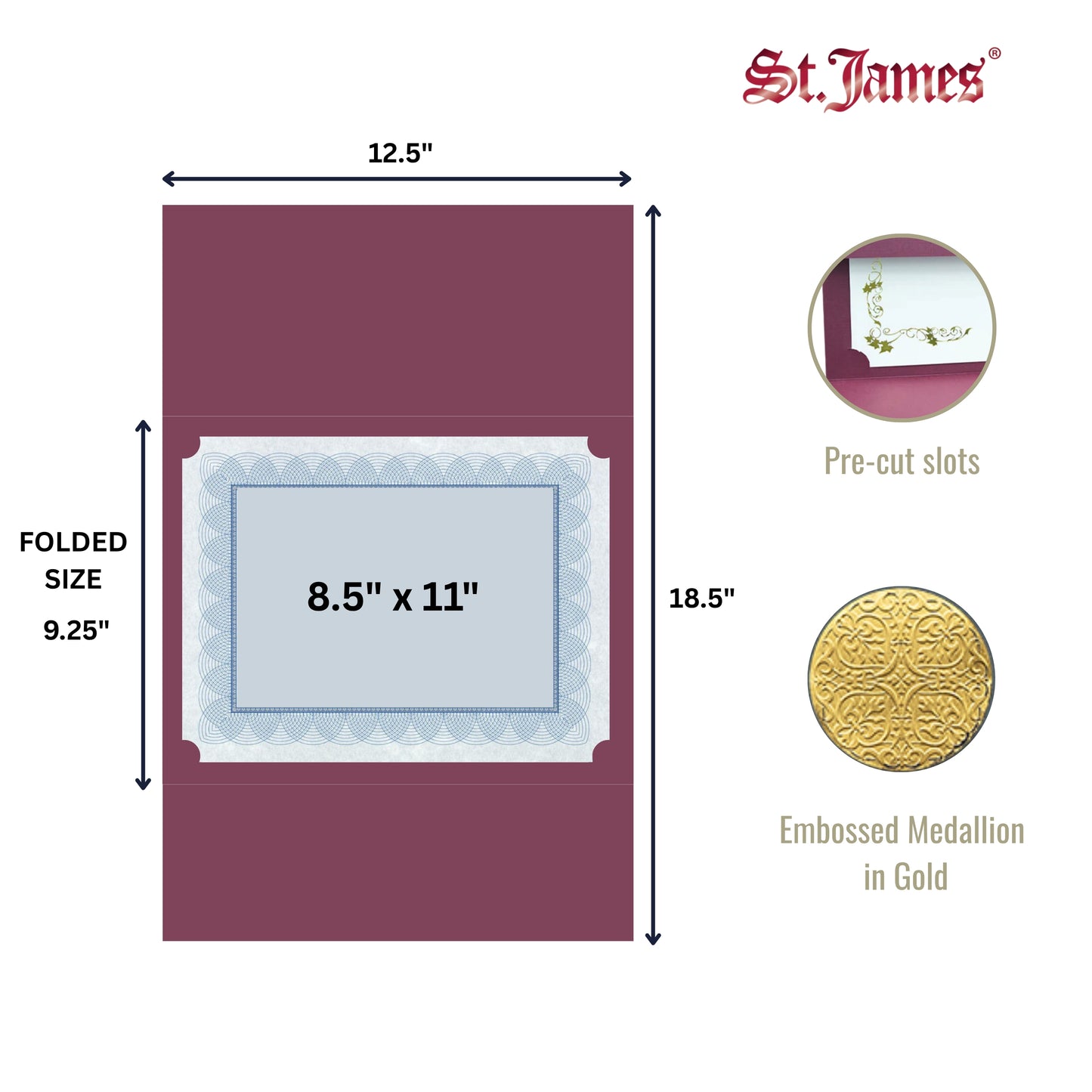 St. James® Elite™ Medallion Fold Certificate Holders, Burgundy Linen with Gold Medallion, Pack of 5, 83533
