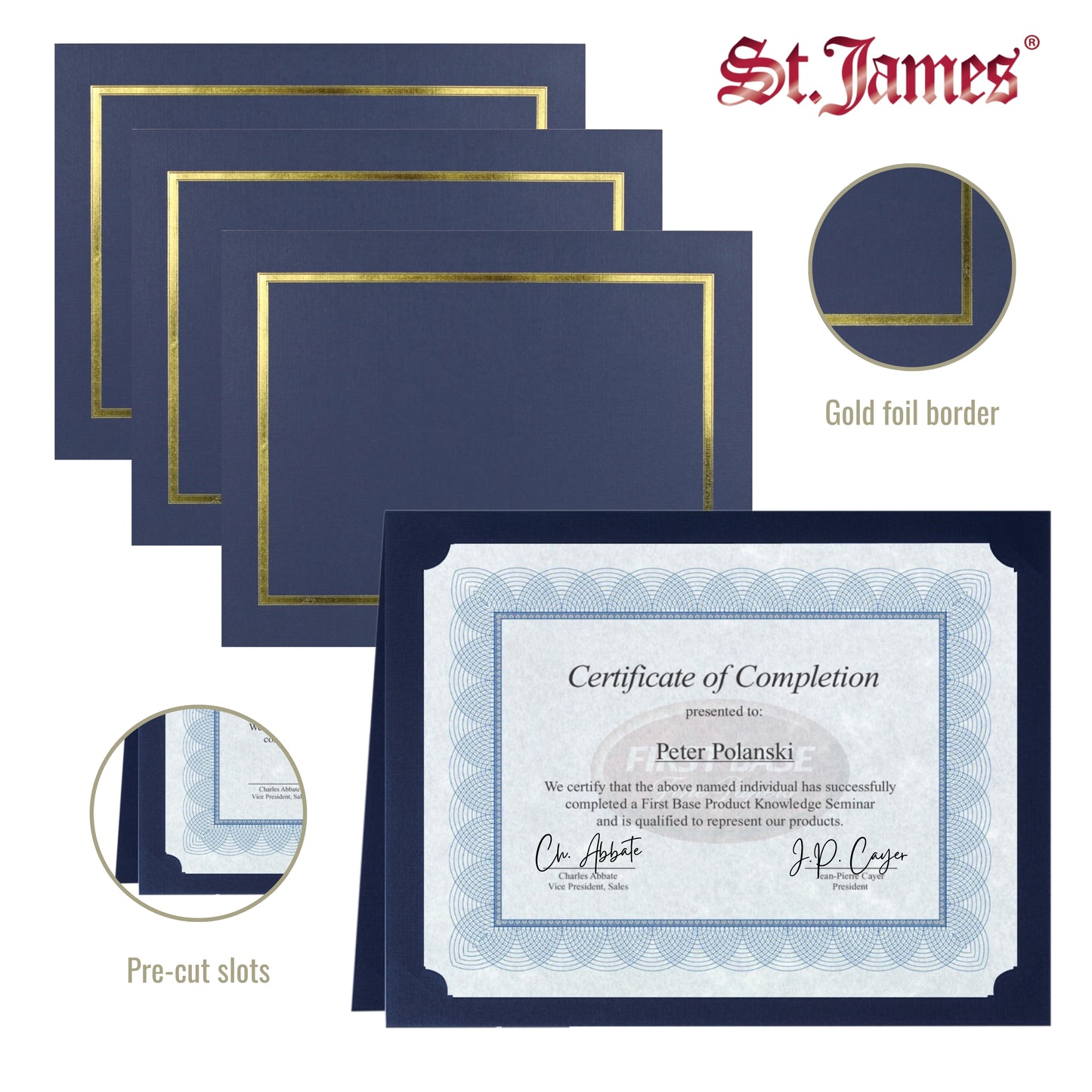 St. James® Certificate Holders/Document Covers/Diploma Holders, Navy Blue, Gold Foil Border, Linen Finish, Pack of 5, 83850