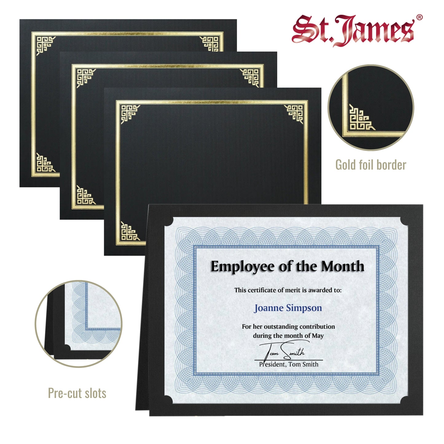 St. James® Certificate Holders/Document Covers/Diploma Holders, Black, Gold Foil Border, Linen Finish, Pack of 5, 83802