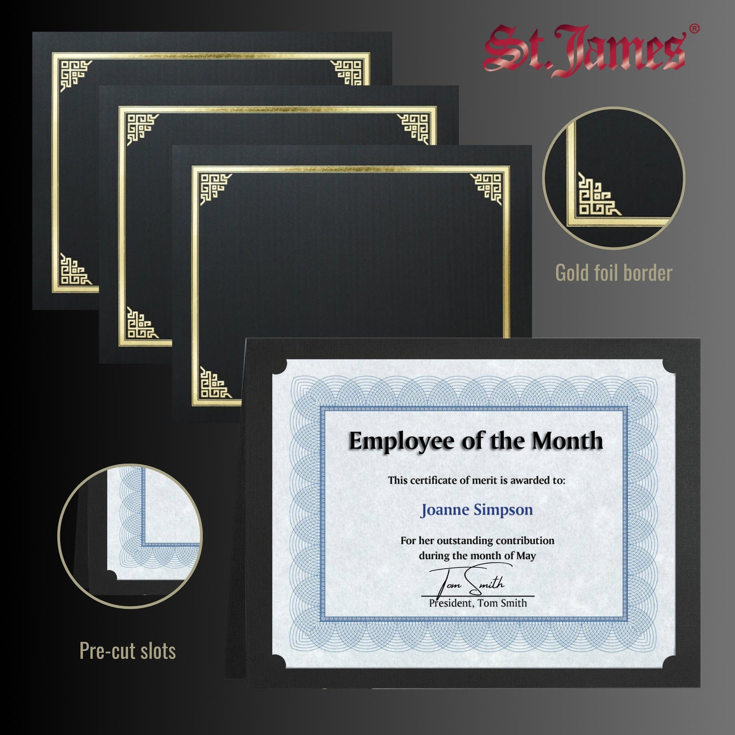 St. James® Certificate Holders/Document Covers/Diploma Holders, Black, Gold Foil Border, Linen Finish, Pack of 5, 83802