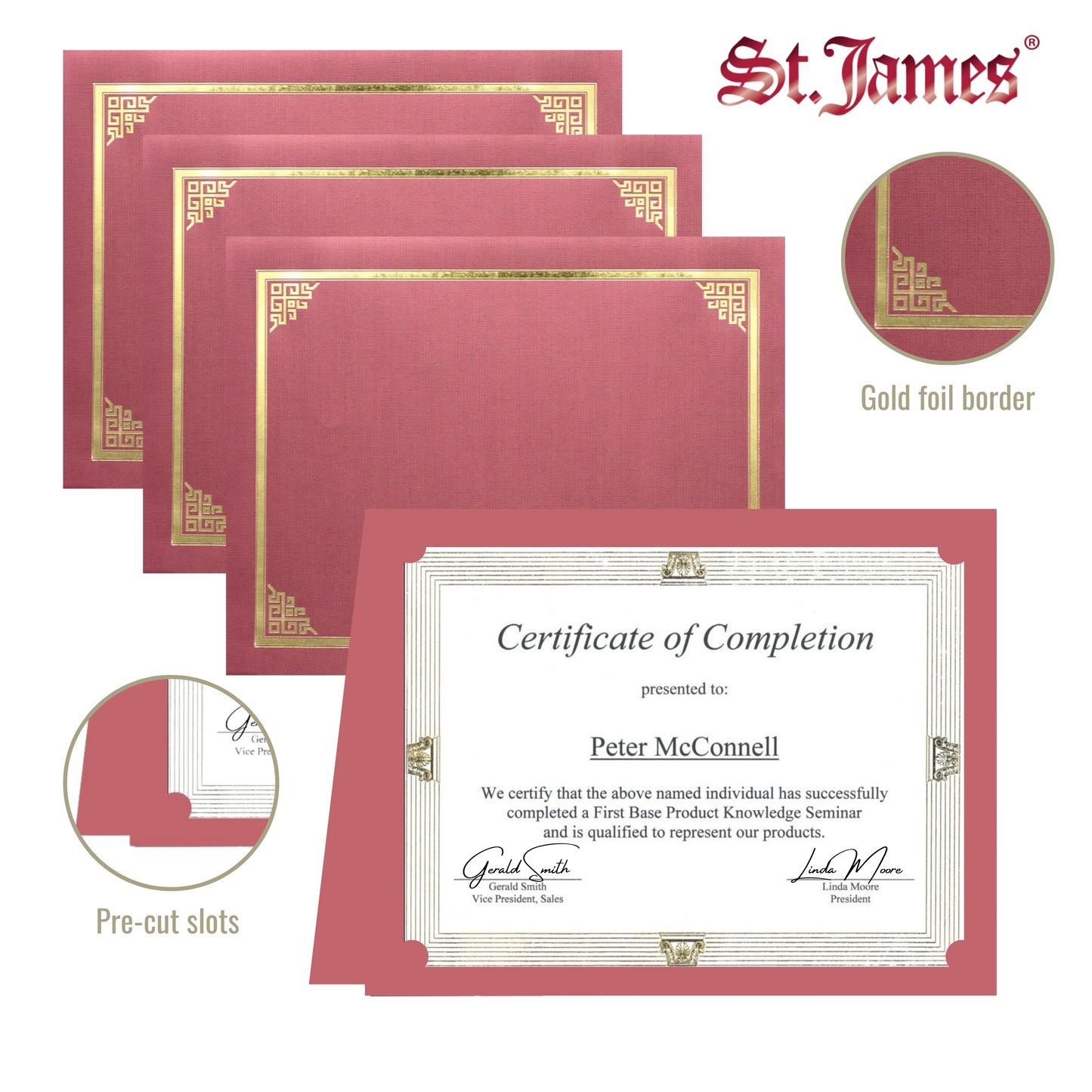 St. James® Certificate Holders/Document Covers/Diploma Holders, Red, Gold Foil Border, Linen Finish, Pack of 5, 83804