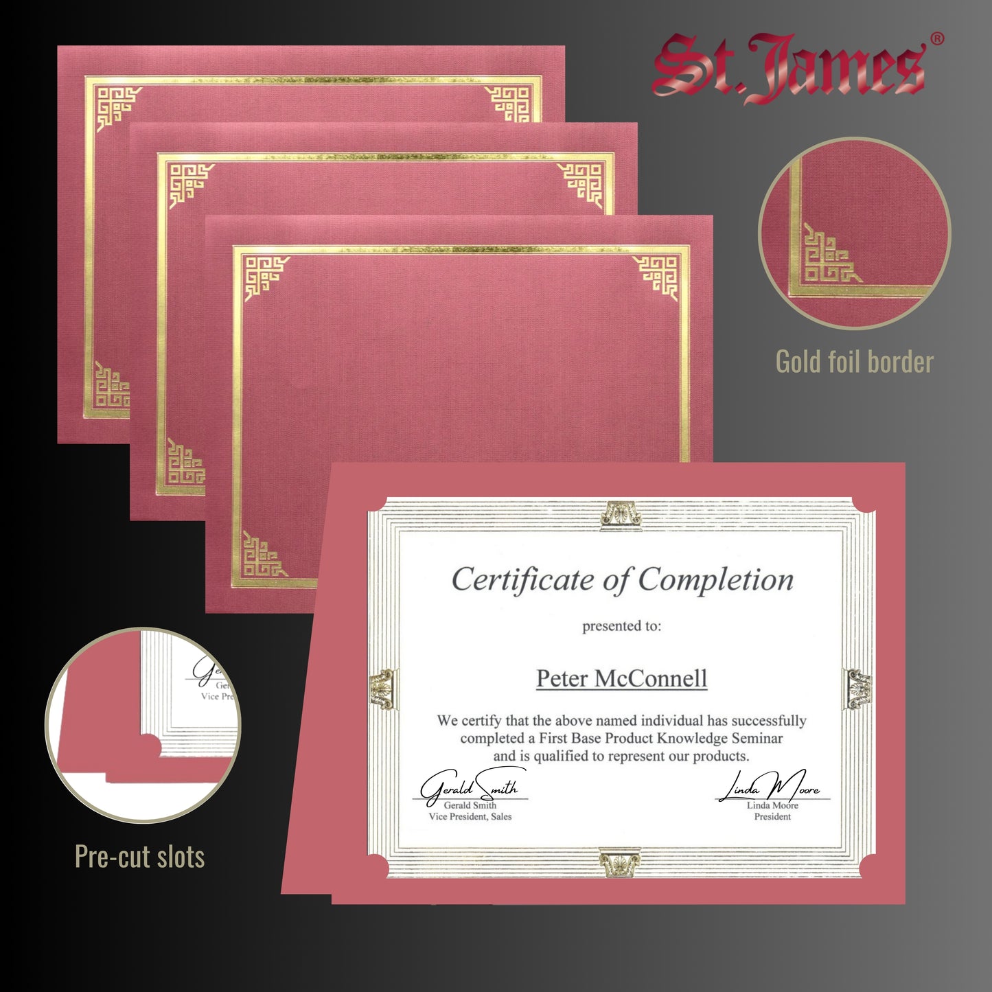 St. James® Certificate Holders/Document Covers/Diploma Holders, Red, Gold Foil Border, Linen Finish, Pack of 5, 83804