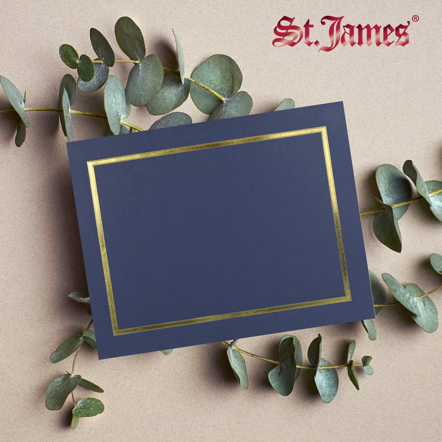 Porte-certificats/couvertures de documents/porte-diplômes St. James®, bleu marine, bordure en feuille d'or, finition lin, paquet de 5, 83850