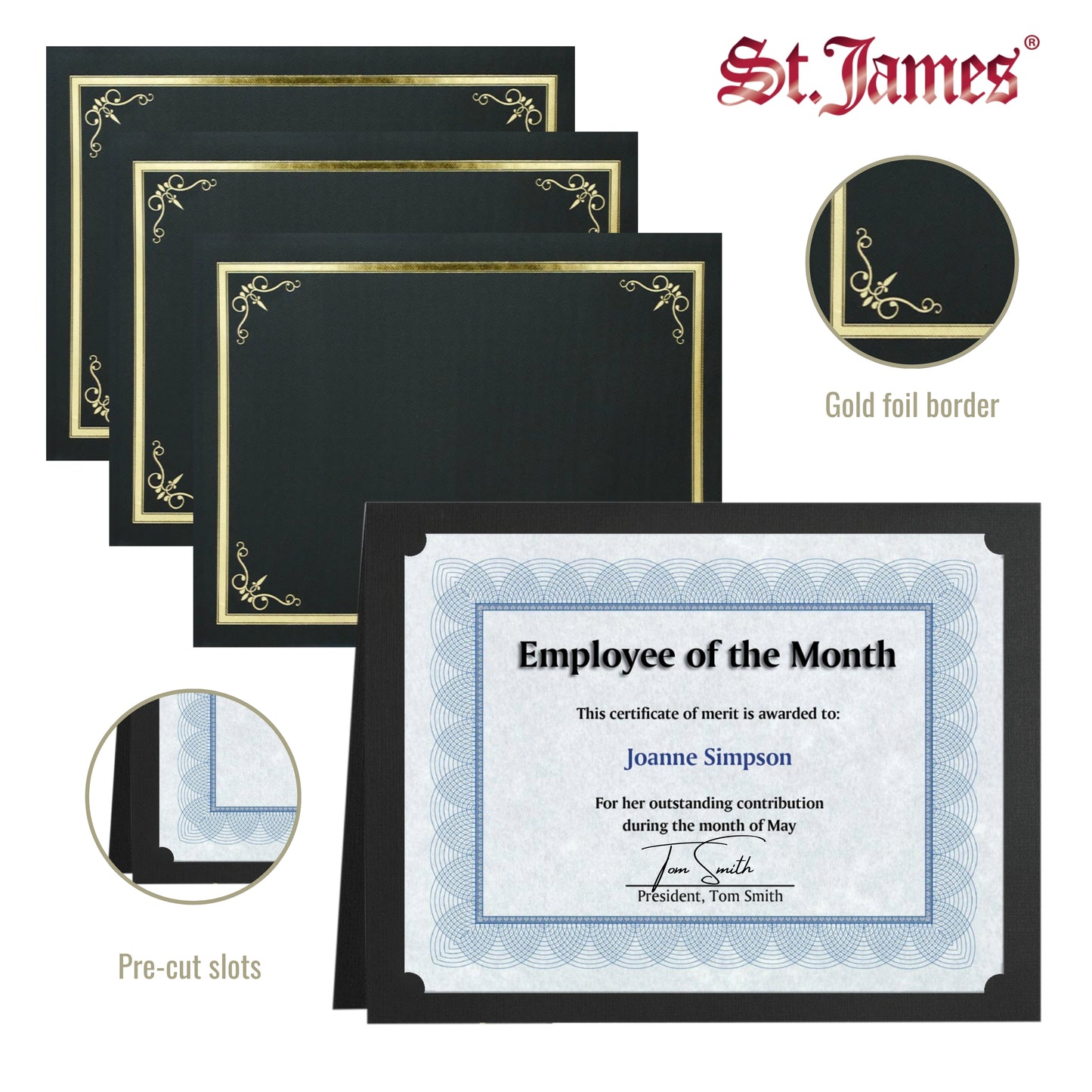 St. James® Certificate Holders/Document Covers/Diploma Holders, Black, Gold Foil Border, Linen Finish, Pack of 5, 83805
