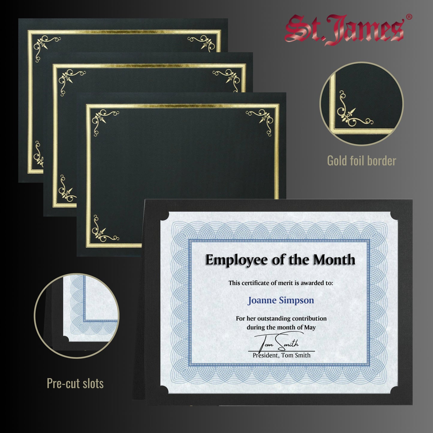 St. James® Certificate Holders/Document Covers/Diploma Holders, Black, Gold Foil Border, Linen Finish, Pack of 5, 83805