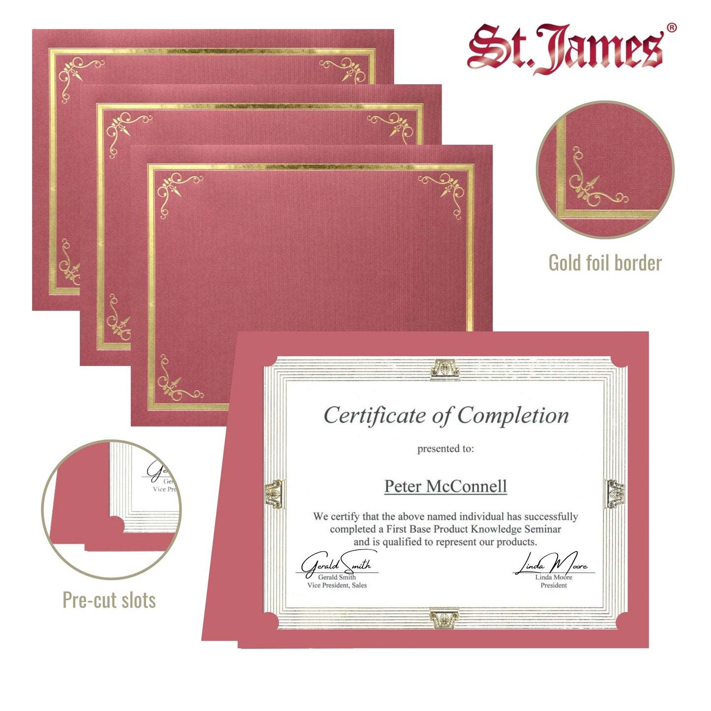 Porte-certificats/couvertures de documents/porte-diplômes St. James®, rouge, bordure en feuille d'or, finition lin, paquet de 5, 83807