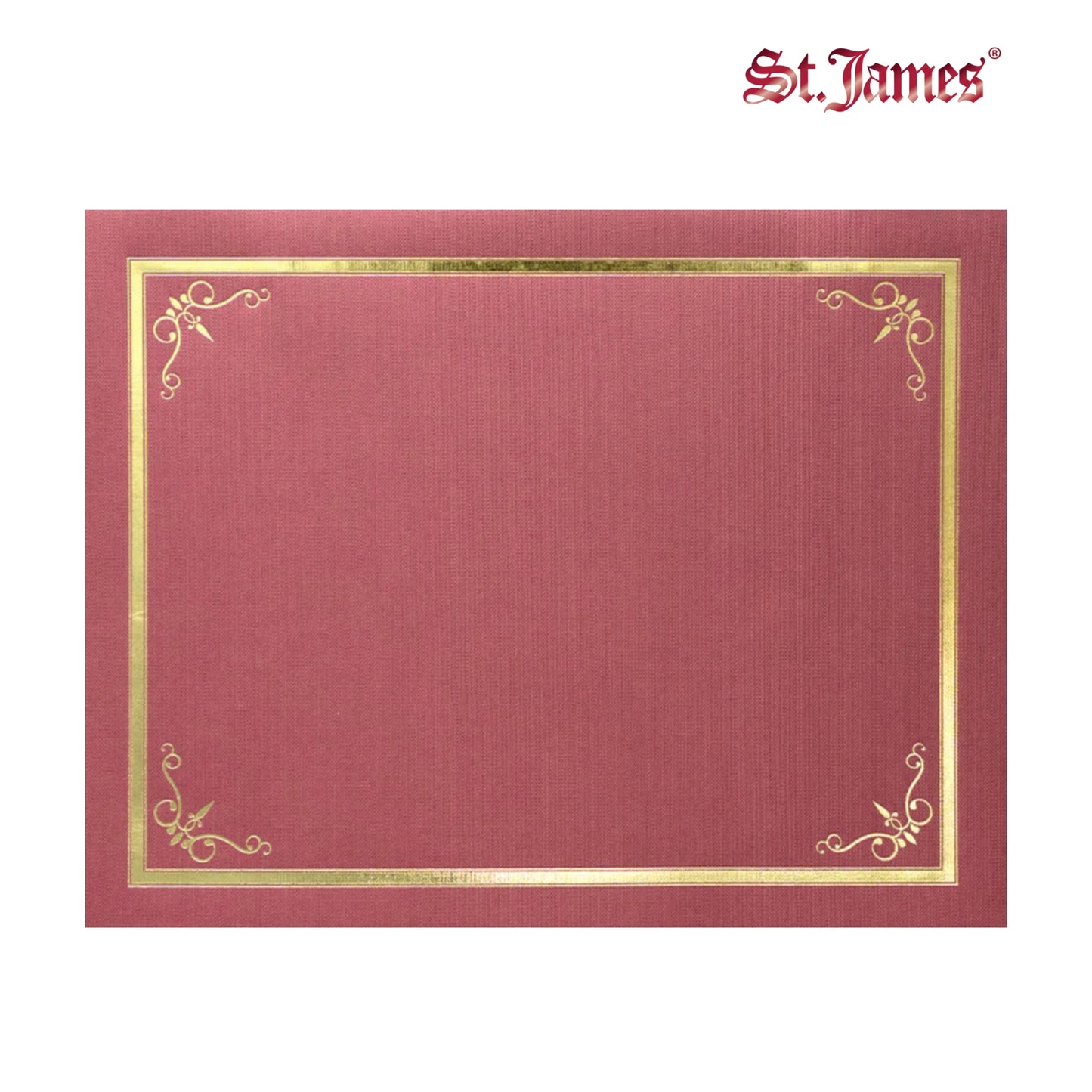 Porte-certificats/couvertures de documents/porte-diplômes St. James®, rouge, bordure en feuille d'or, finition lin, paquet de 5, 83807