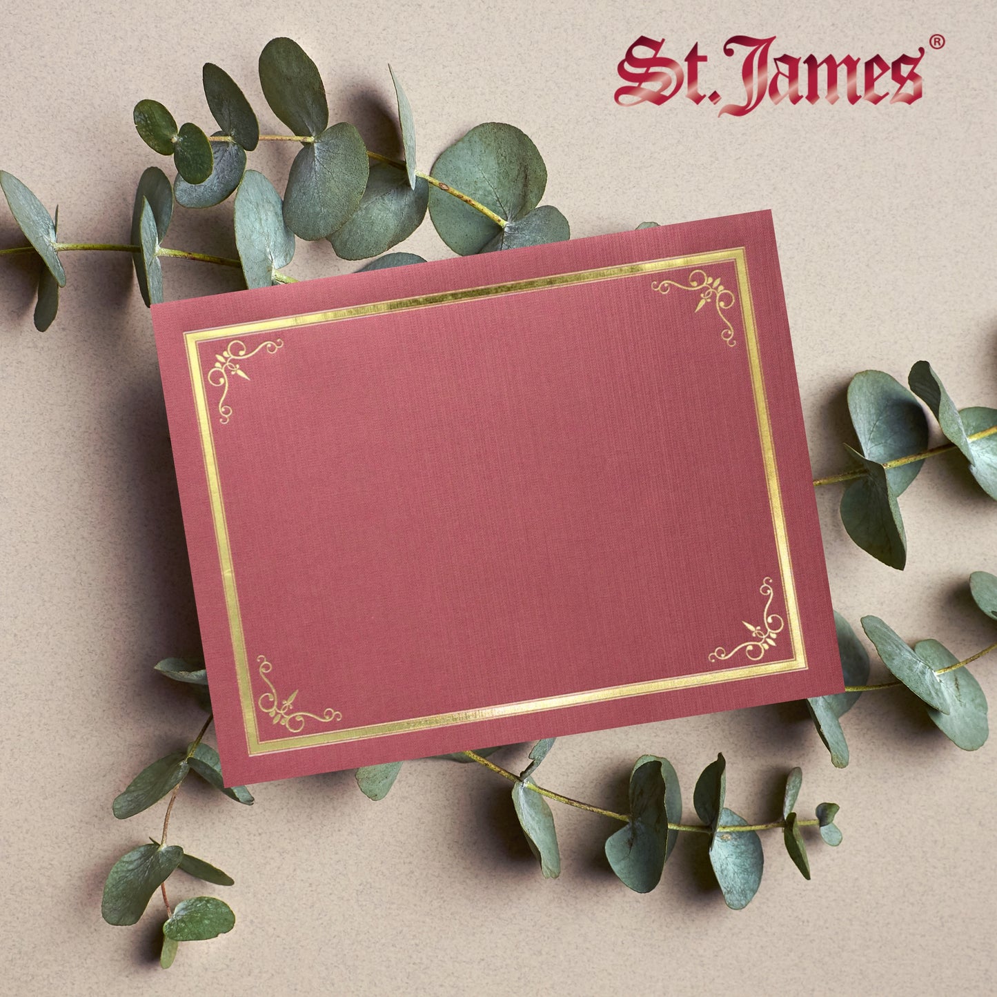 Porte-certificats/couvertures de documents/porte-diplômes St. James®, rouge, bordure en feuille d'or, finition lin, paquet de 5, 83807