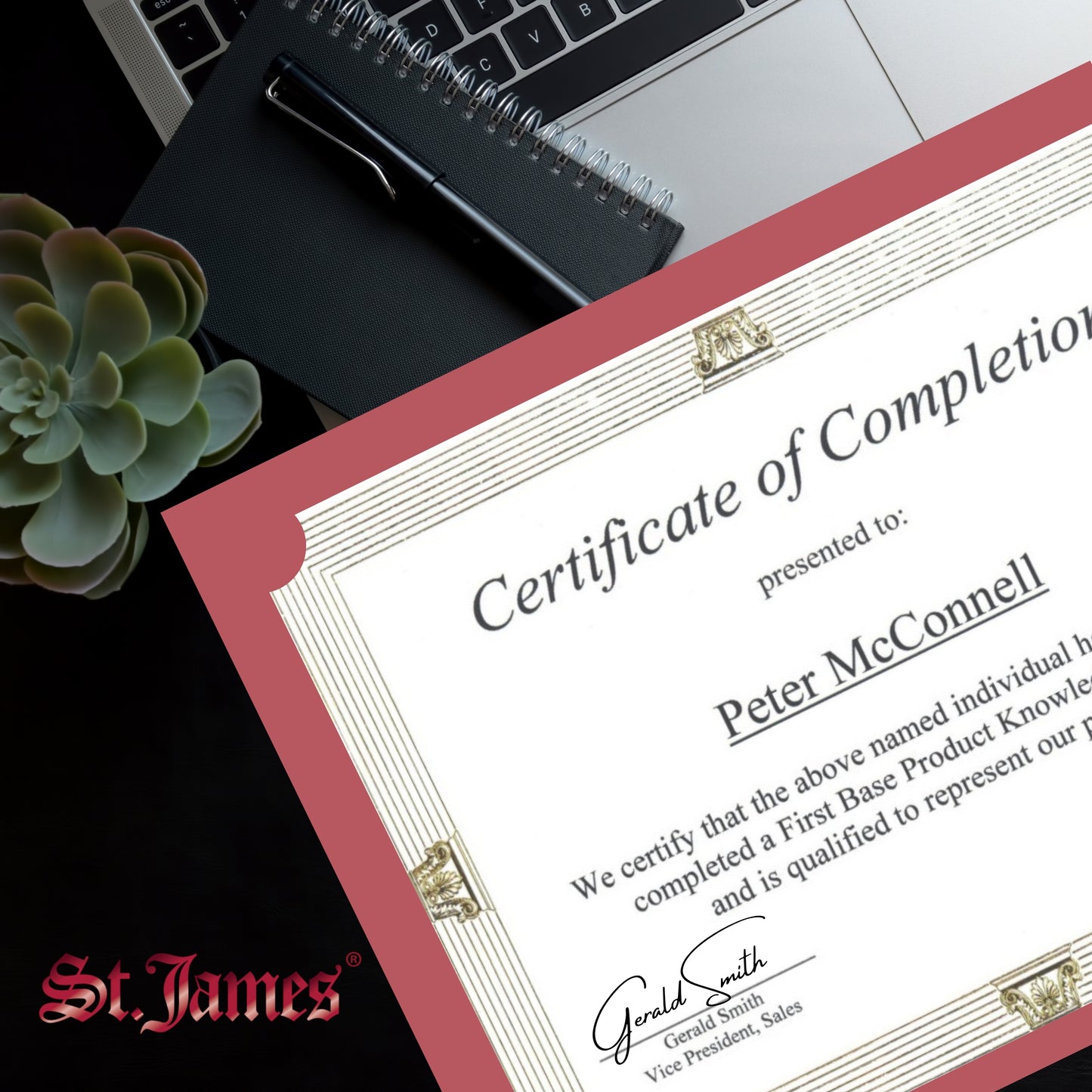 Porte-certificats/couvertures de documents/porte-diplômes St. James®, rouge, bordure en feuille d'or, finition lin, paquet de 5, 83807