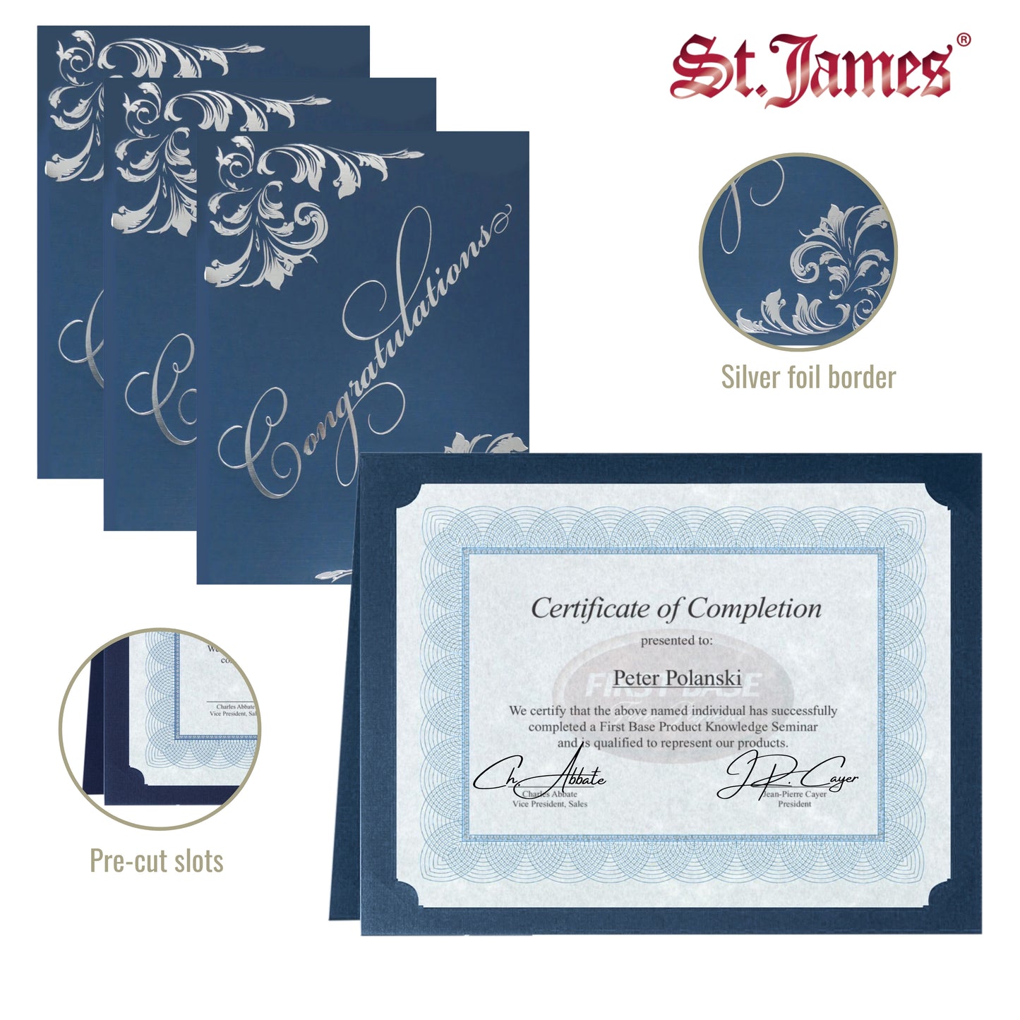 St. James® Certificate Holders with Gift Card Holder, Silver Foil Deco, Navy Blue, Pack of 5, 83541