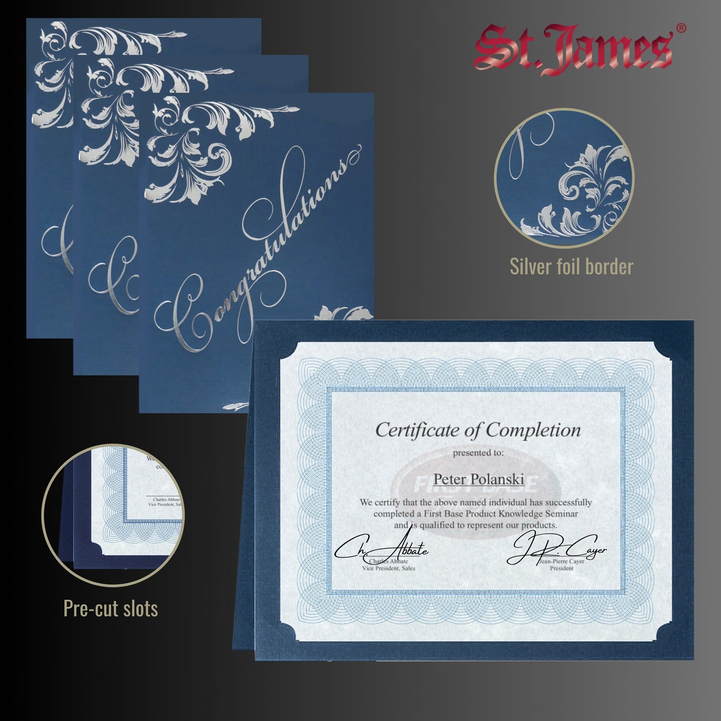 St. James® Certificate Holders with Gift Card Holder, Silver Foil Deco, Navy Blue, Pack of 5, 83541