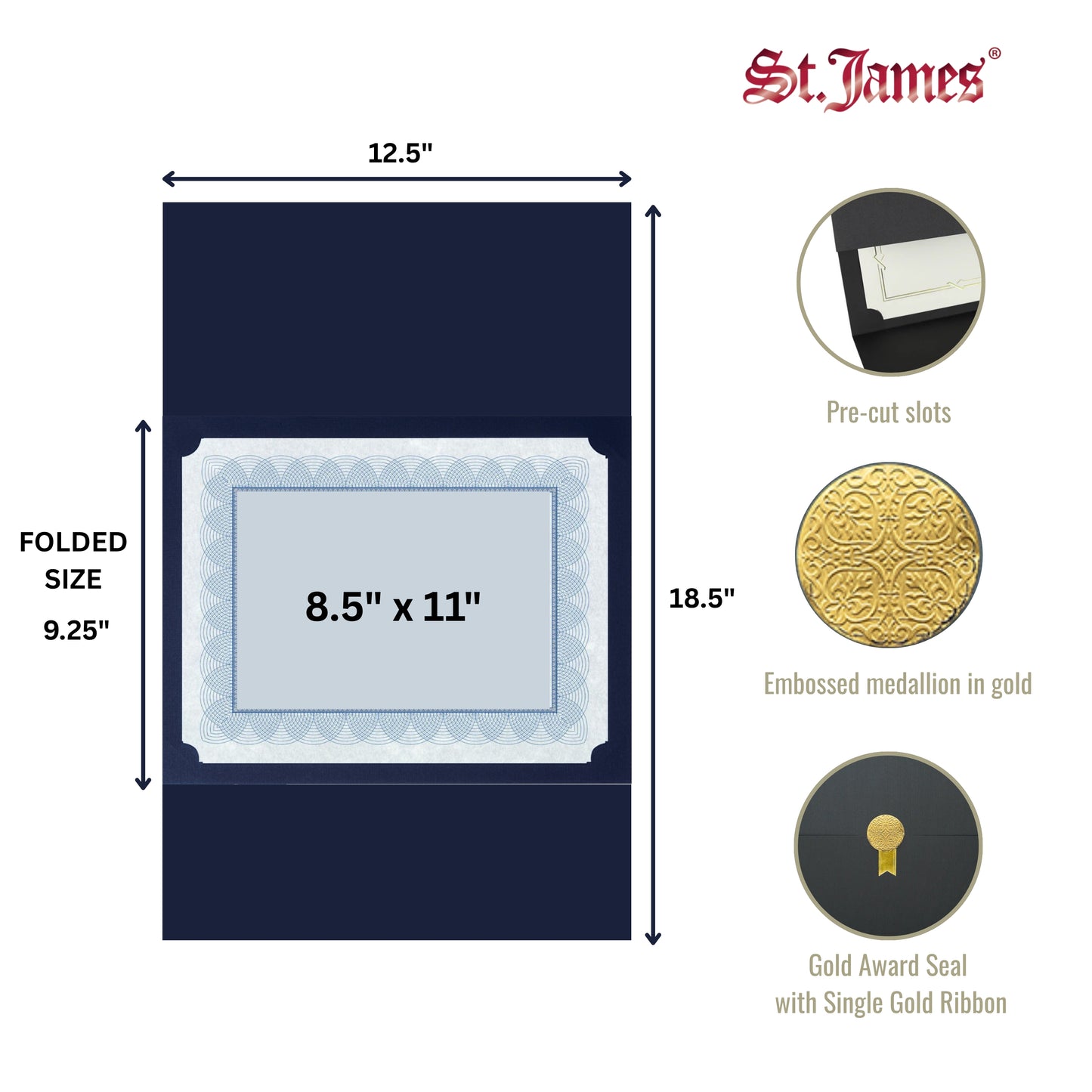St. James® Certificate Holders/Document Covers/Diploma Holders, Black, Gold Award Seal with Single Gold Ribbon, Pack of 5, 83839