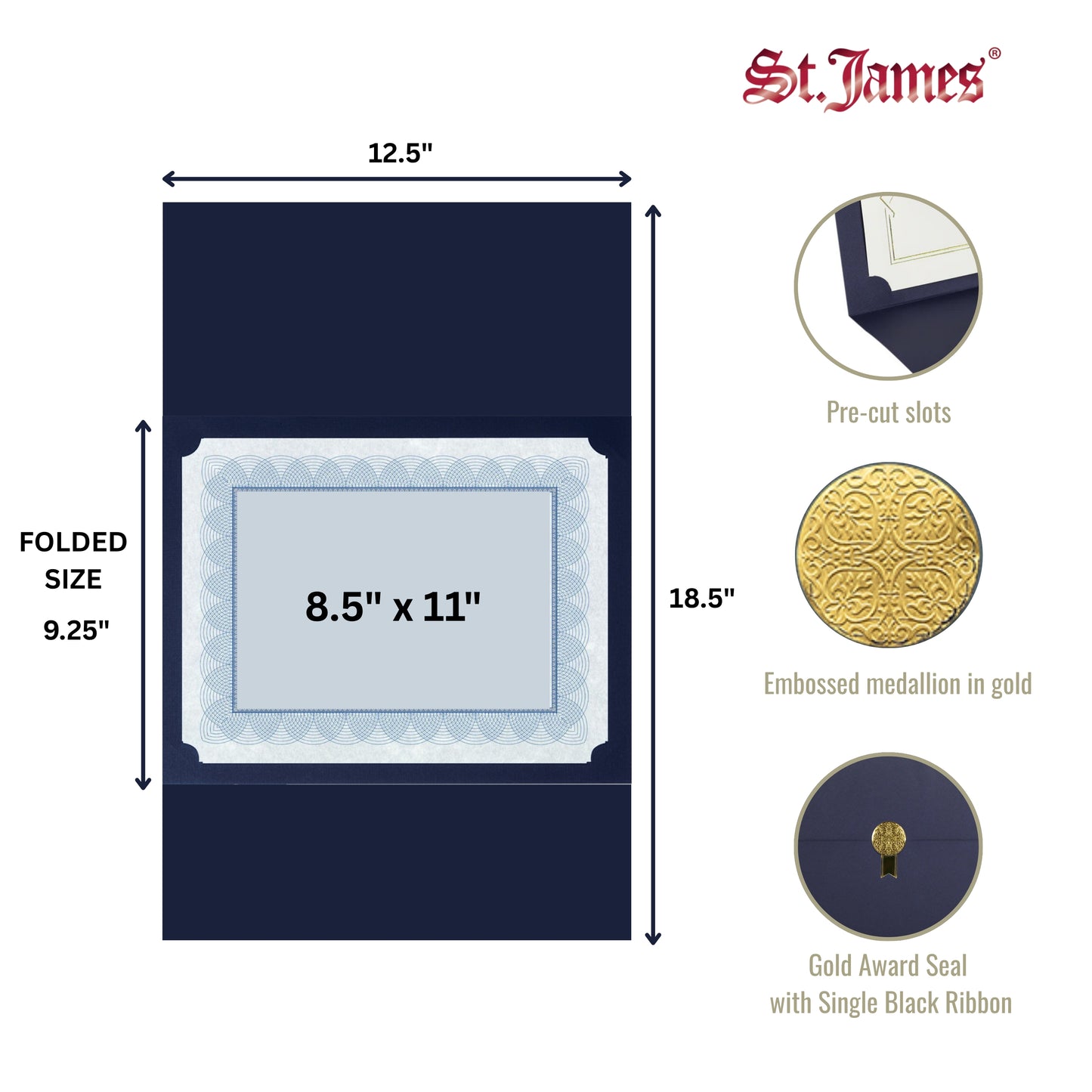 St. James® Certificate Holders/Document Covers/Diploma Holders, Navy Blue, Gold Award Seal with Single Black Ribbon, Pack of 5, 83837