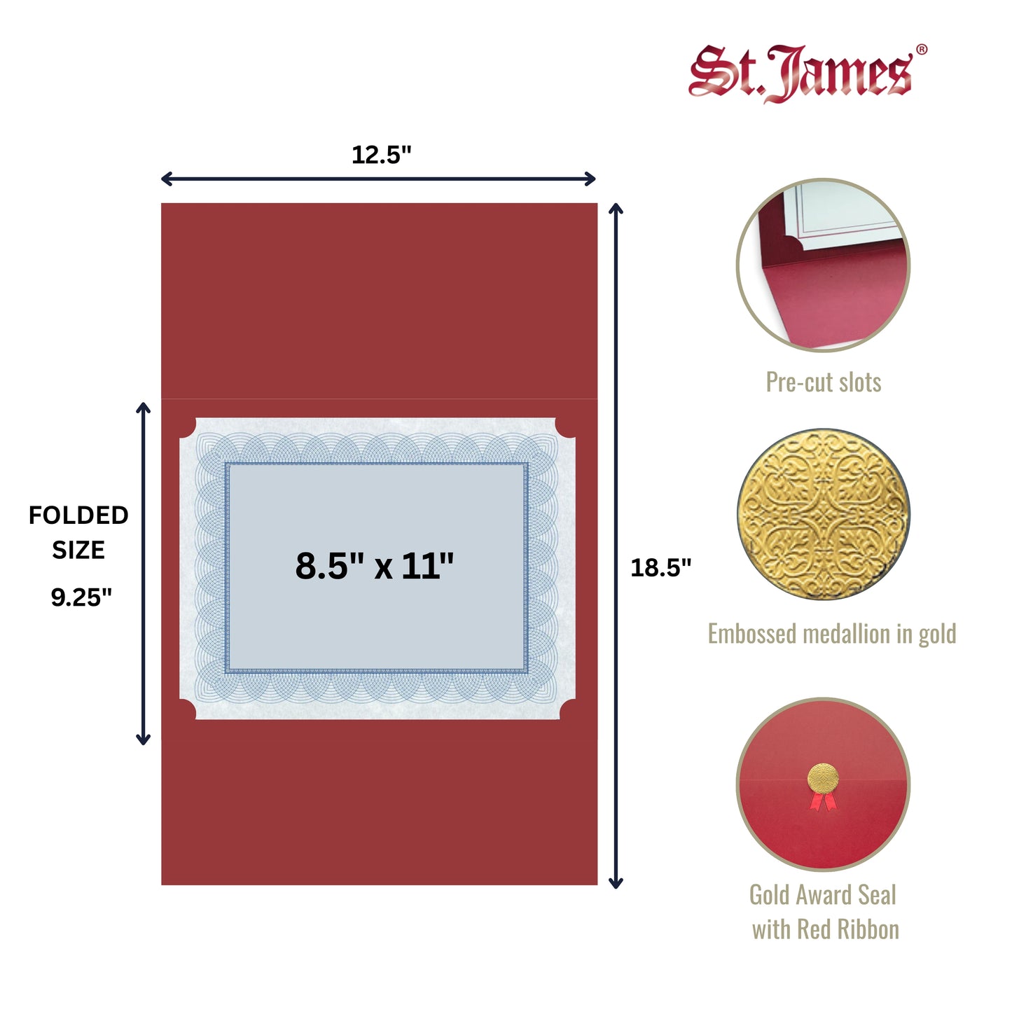St. James® Porte-certificats/Couvertures de documents/Porte-diplômes, Bordeaux, Sceau d'or avec ruban rouge, Paquet de 5, 83818