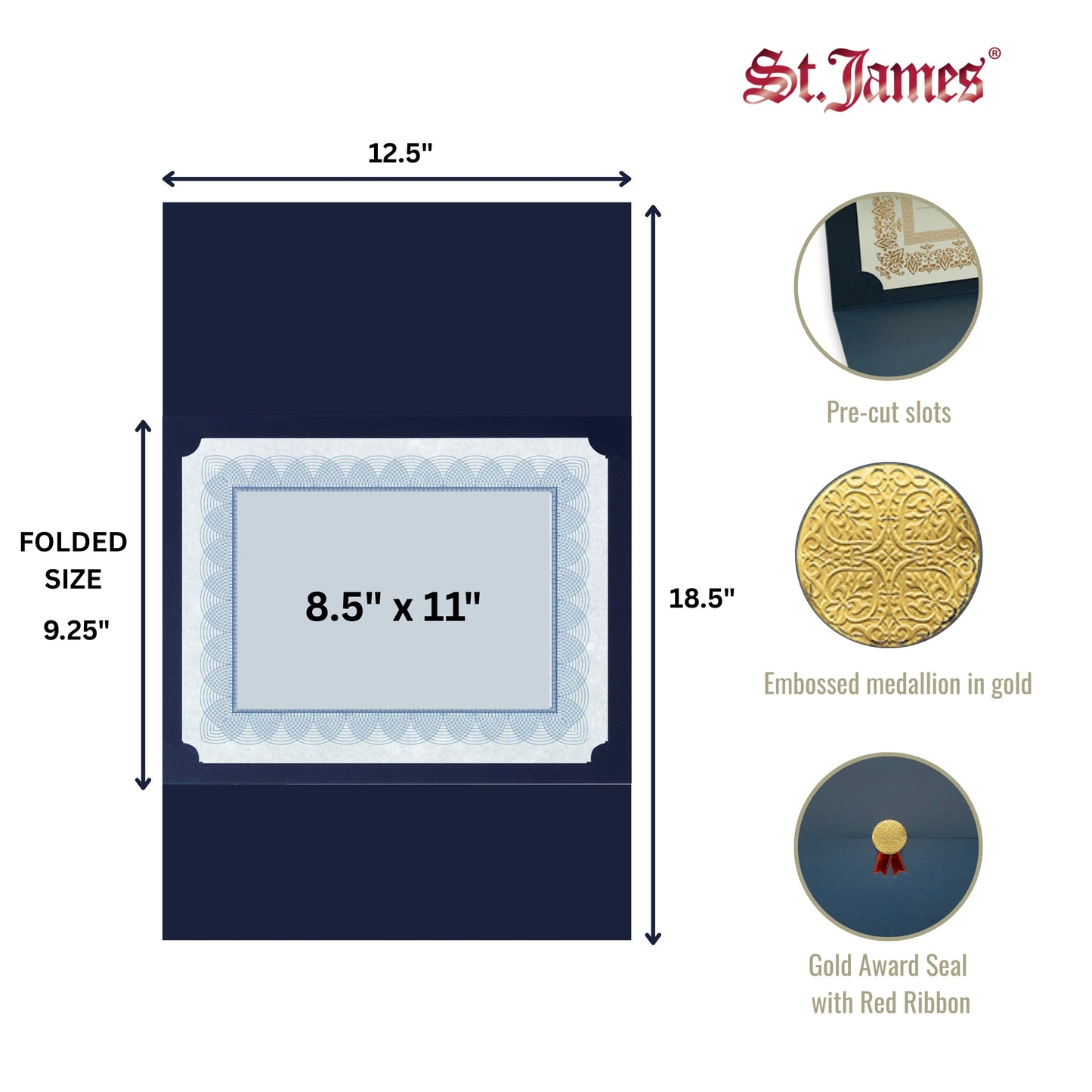 St. James® Porte-certificats/Couvertures de documents/Porte-diplômes, Bleu marine, Sceau d'or avec ruban rouge, Paquet de 5, 83815