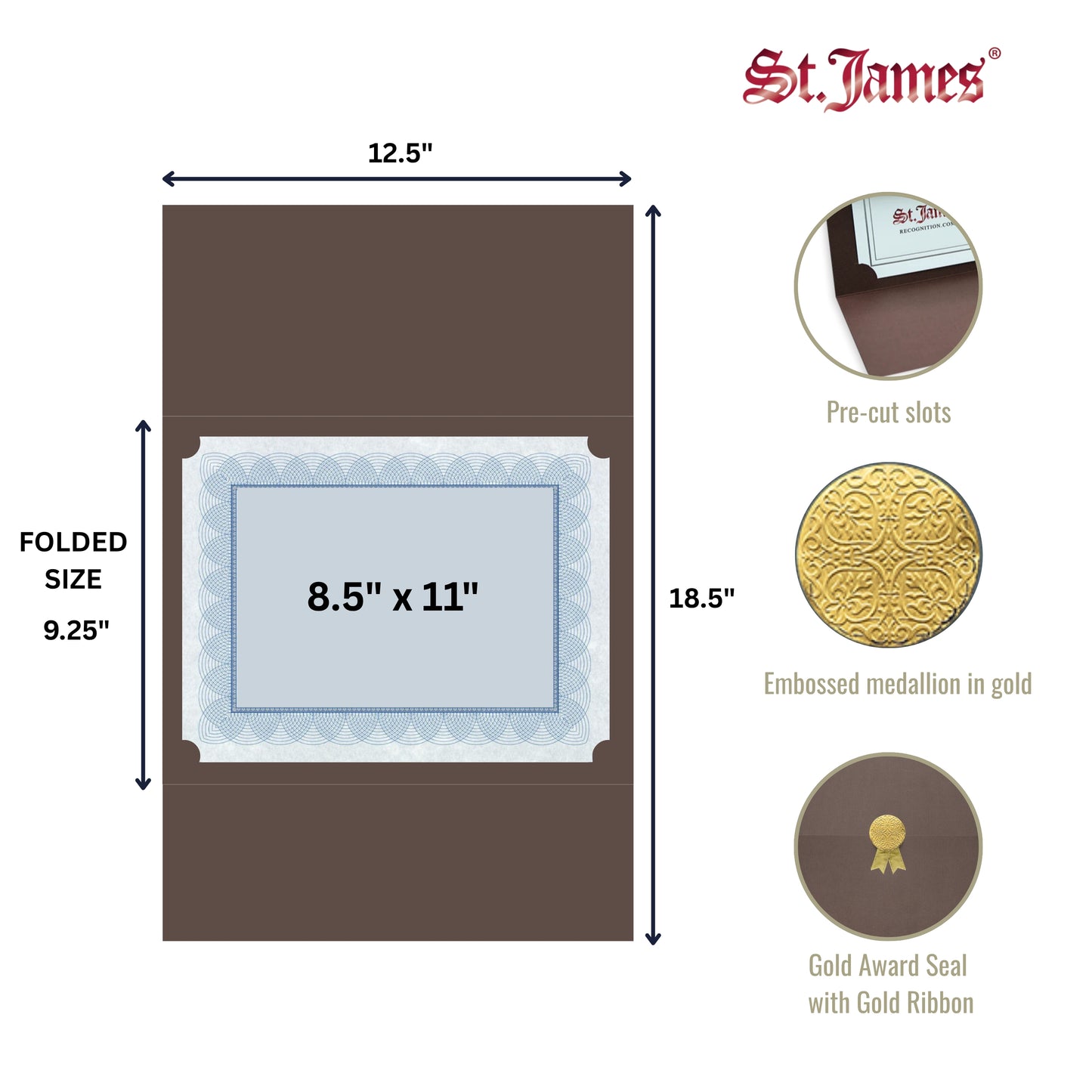 St. James® Porte-certificats/Couvertures de documents/Porte-diplômes, Marron, Sceau de récompense doré avec ruban doré, Paquet de 5, 83828