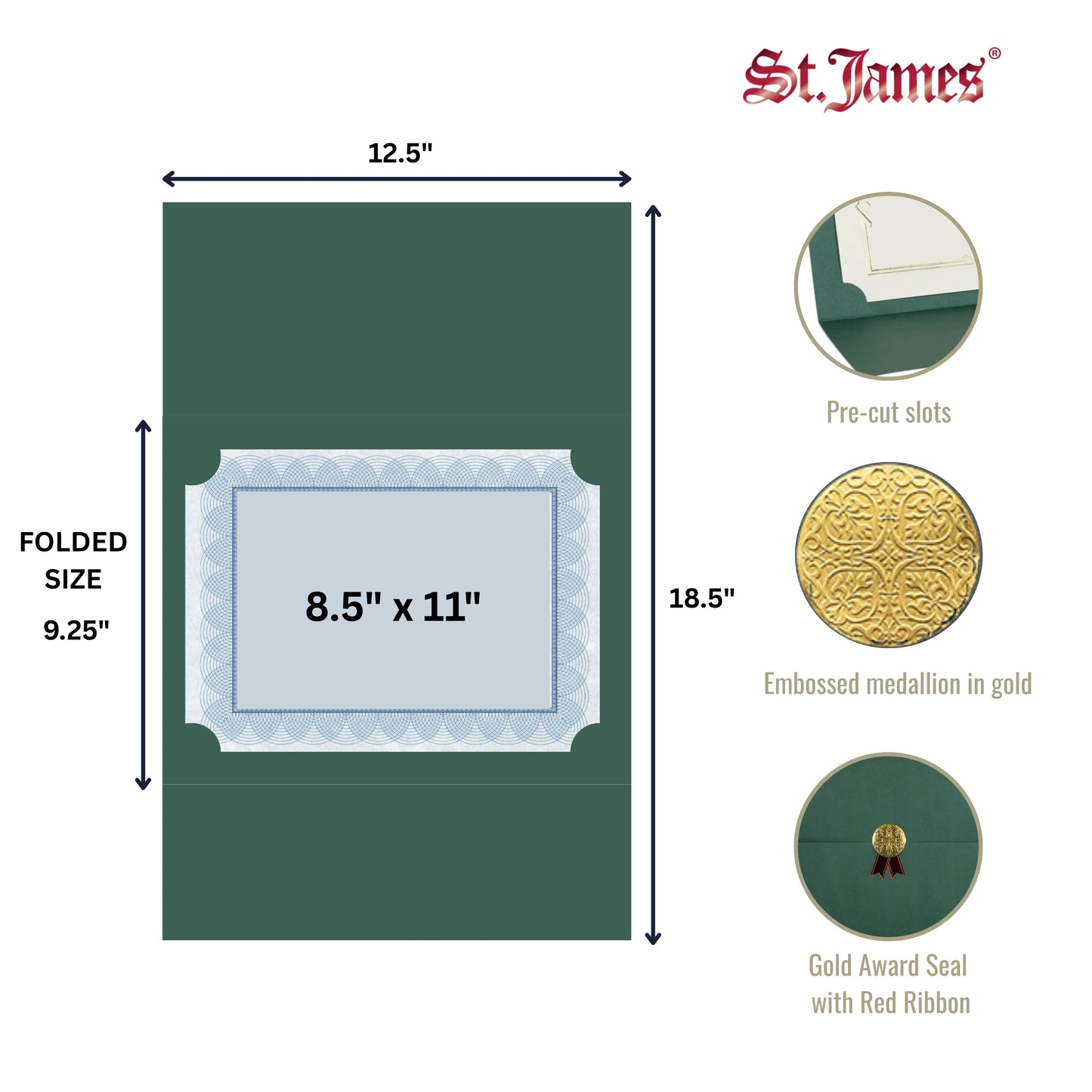 St. James® Certificate Holders/Document Covers/Diploma Holders, Green, Gold Award Seal with Red Ribbon, Pack of 5, 83824