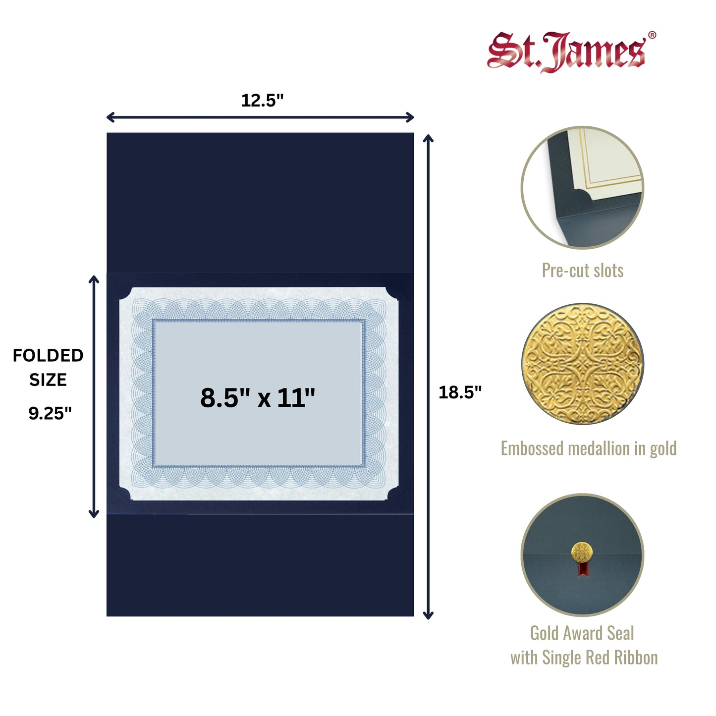 St. James® Porte-certificats/Couvertures de documents/Porte-diplômes, Bleu marine, Sceau d'or avec ruban rouge unique, Paquet de 5, 83838