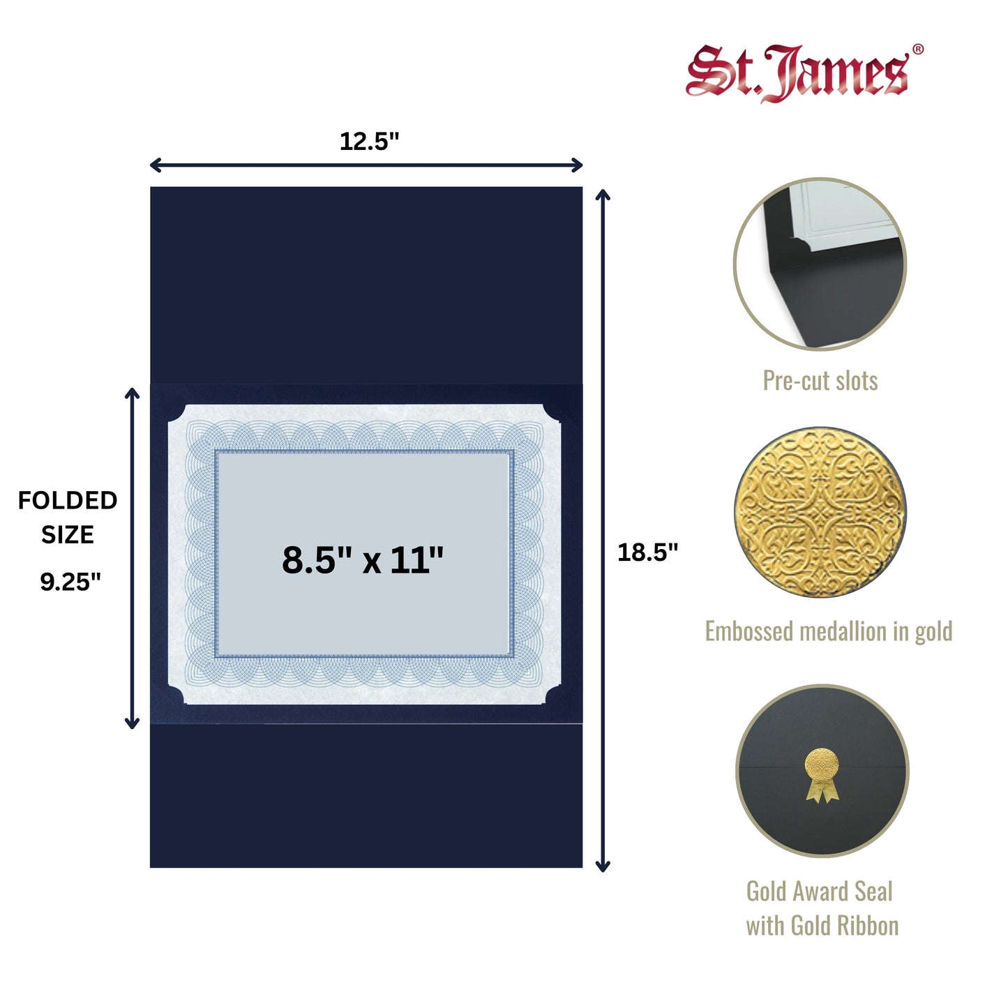 St. James® Porte-certificats/Couvertures de documents/Porte-diplômes, Noir, Sceau de récompense doré avec ruban doré, Paquet de 5, 83822