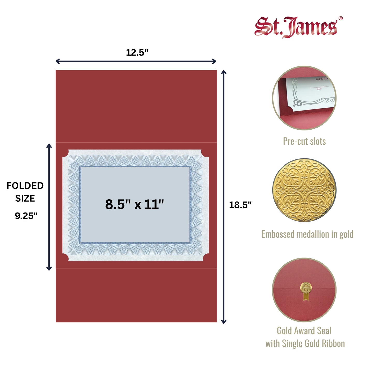 St. James® Porte-certificats/Couvertures de documents/Porte-diplômes, Bordeaux, Sceau d'or avec ruban doré, Paquet de 5, 83819