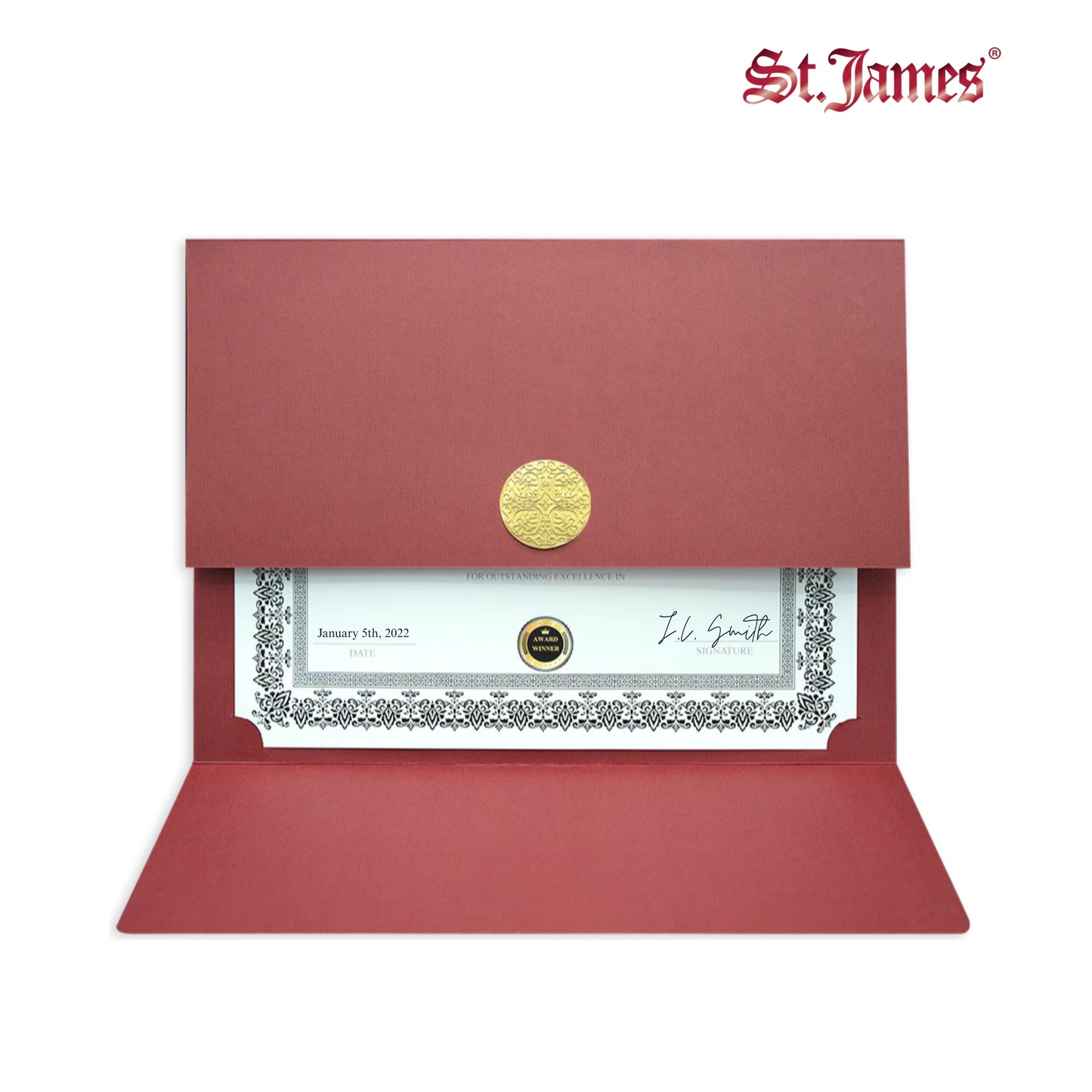 St. James® Certificate Holders/Document Covers/Diploma Holders, Red, Gold Award Seal with Single Gold Ribbon, Pack of 5, 83835