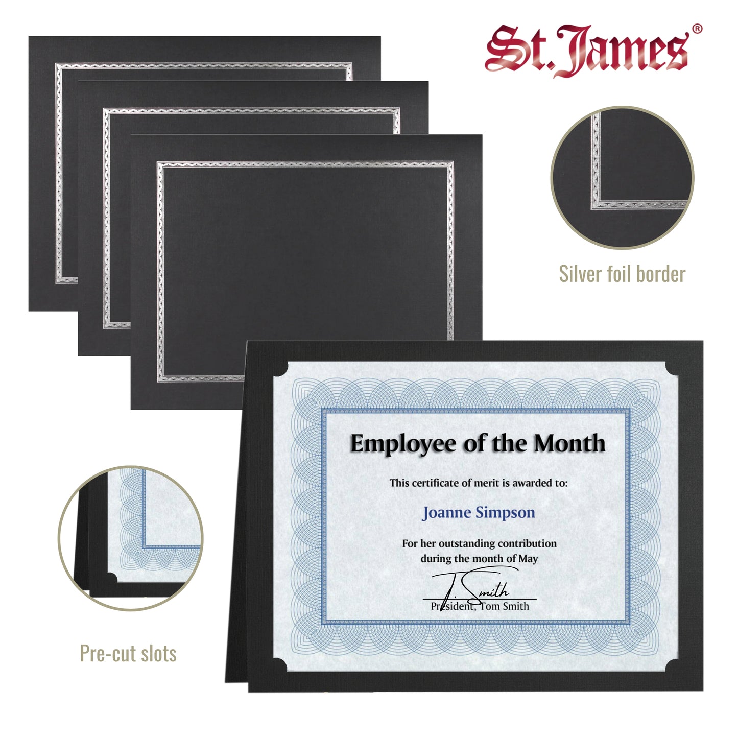 St. James® Certificate Holders/Document Covers/Diploma Holders, Black, Silver Foil Border, Linen Finish, Pack of 5, 83849