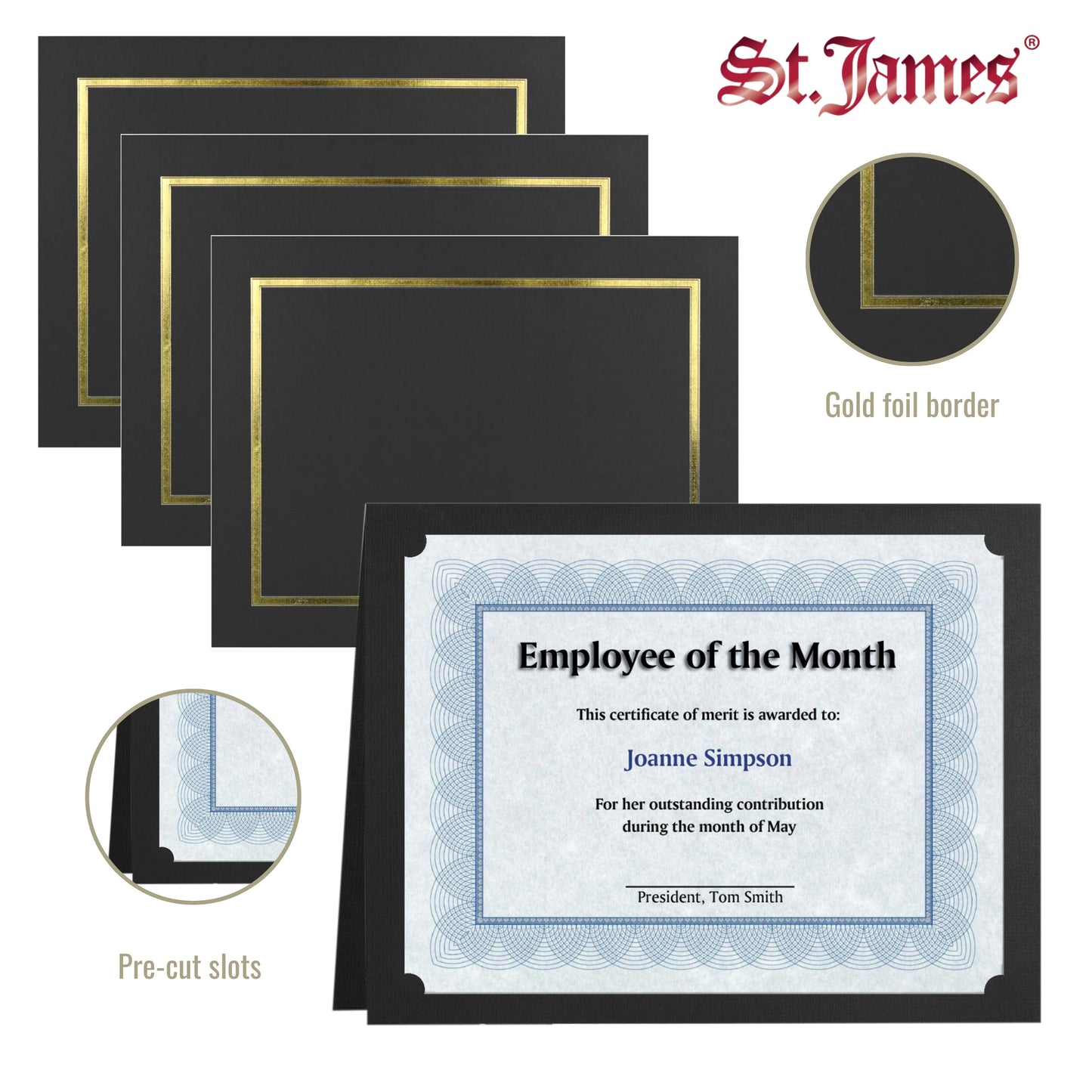 St. James® Certificate Holders/Document Covers/Diploma Holders, Black, Gold Foil Border, Linen Finish, Pack of 5, 83852