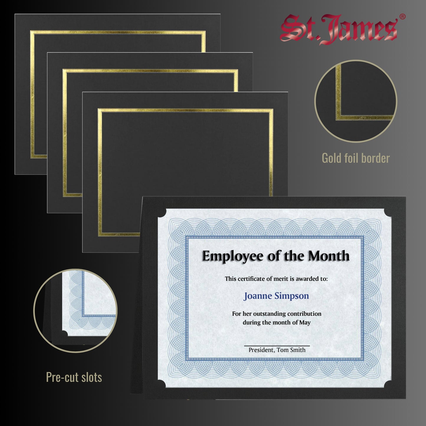 St. James® Certificate Holders/Document Covers/Diploma Holders, Black, Gold Foil Border, Linen Finish, Pack of 5, 83852