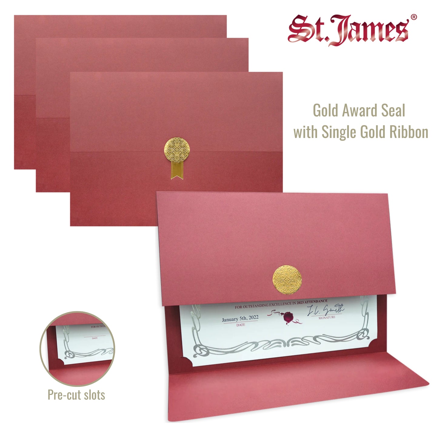 St. James® Porte-certificats/Couvertures de documents/Porte-diplômes, Bordeaux, Sceau d'or avec ruban doré, Paquet de 5, 83819