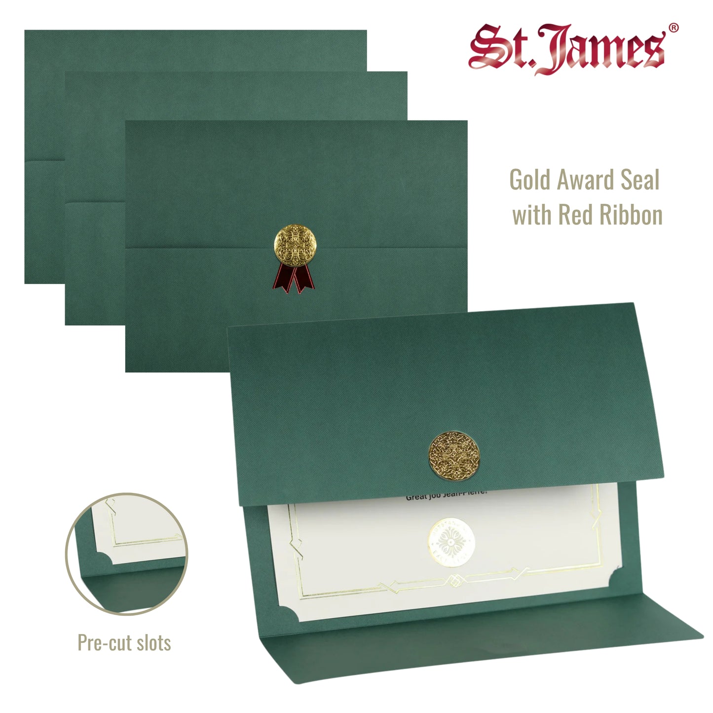 St. James® Certificate Holders/Document Covers/Diploma Holders, Green, Gold Award Seal with Red Ribbon, Pack of 5, 83824