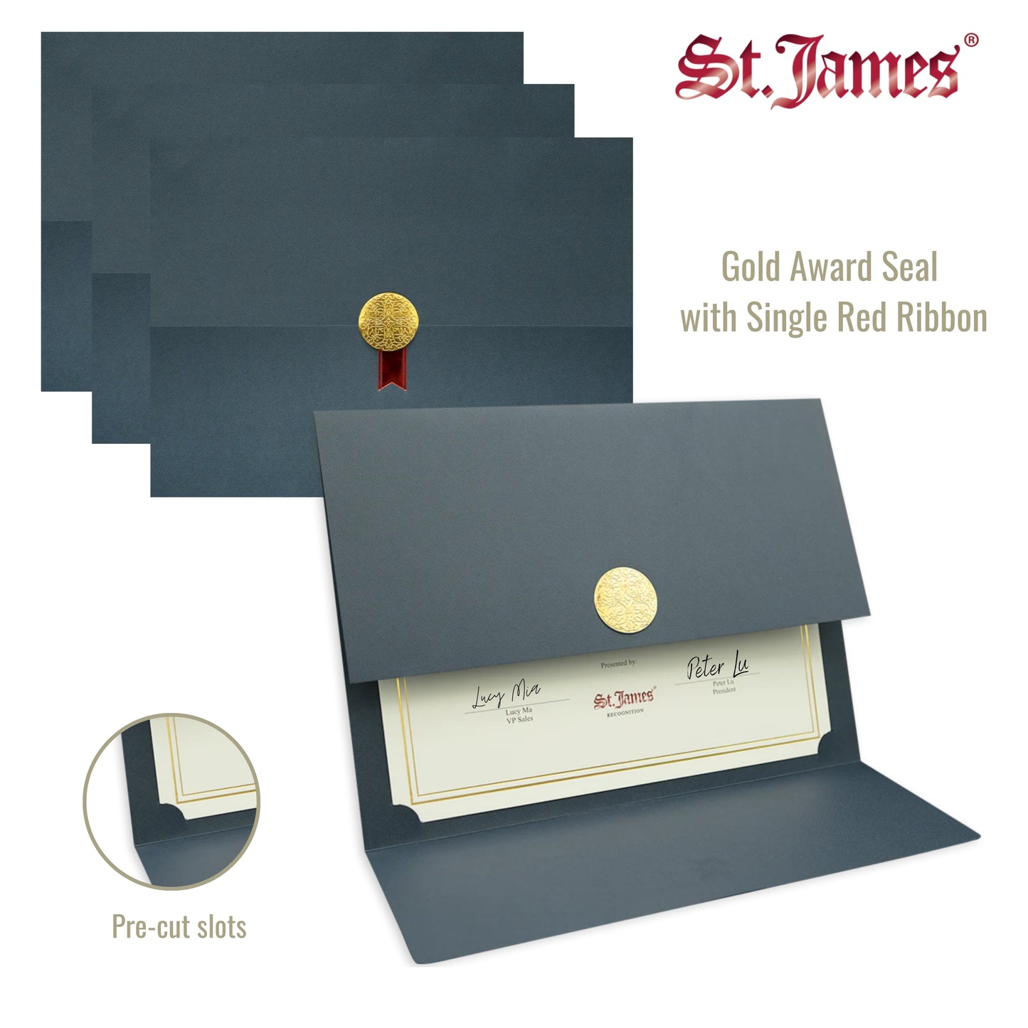 St. James® Porte-certificats/Couvertures de documents/Porte-diplômes, Bleu marine, Sceau d'or avec ruban rouge unique, Paquet de 5, 83838