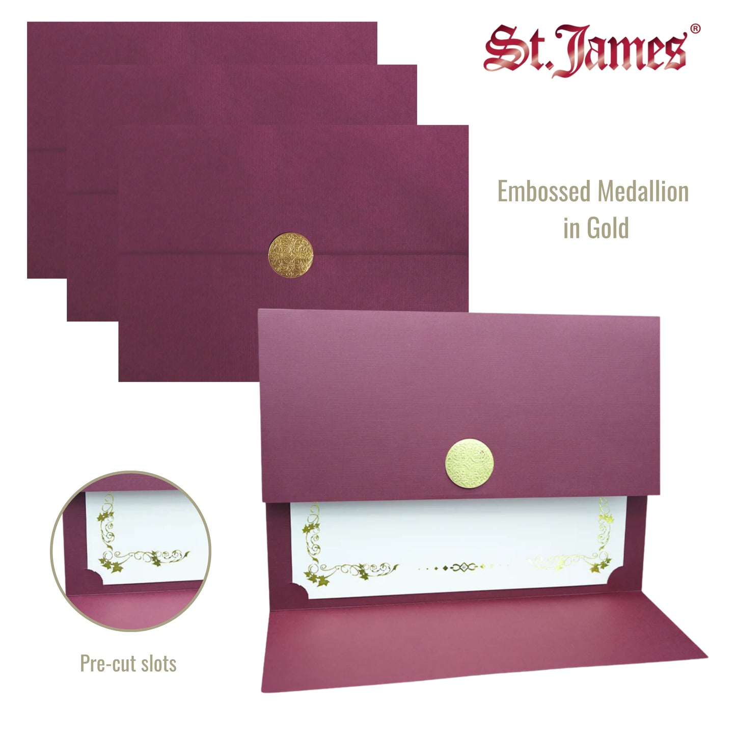St. James® Elite™ Medallion Fold Certificate Holders, Burgundy Linen with Gold Medallion, Pack of 5, 83533