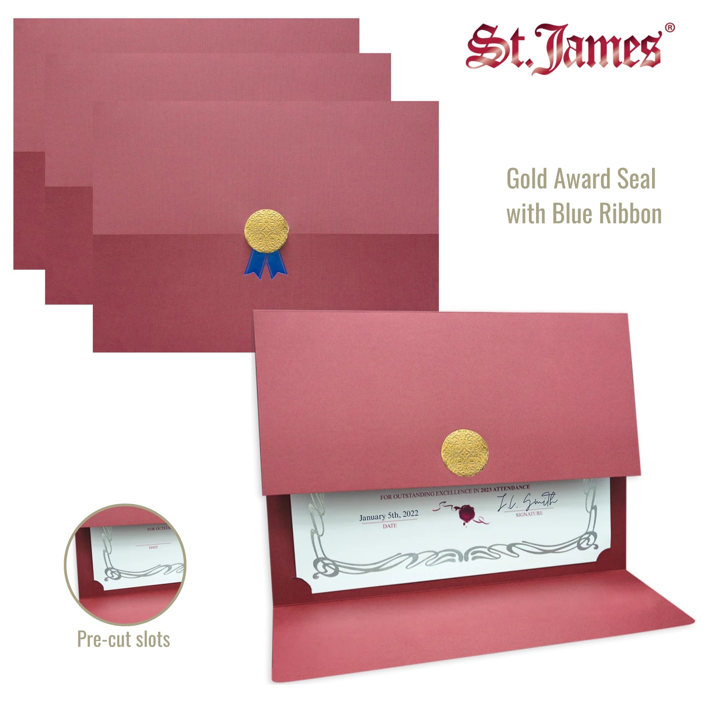 St. James® Certificate Holders/Document Covers/Diploma Holders, Burgundy, Gold Award Seal with Blue Ribbon, Pack of 5, 83817