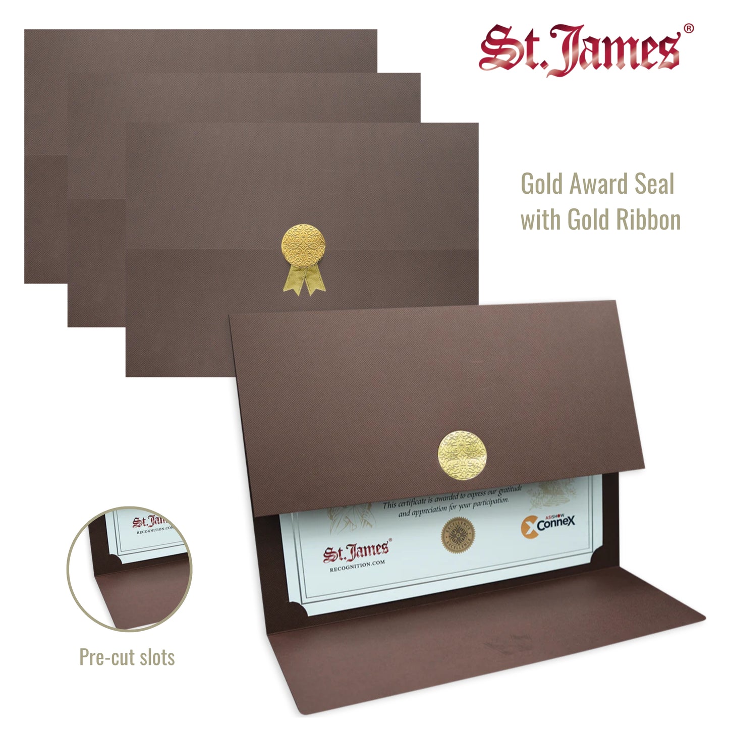 St. James® Porte-certificats/Couvertures de documents/Porte-diplômes, Marron, Sceau de récompense doré avec ruban doré, Paquet de 5, 83828