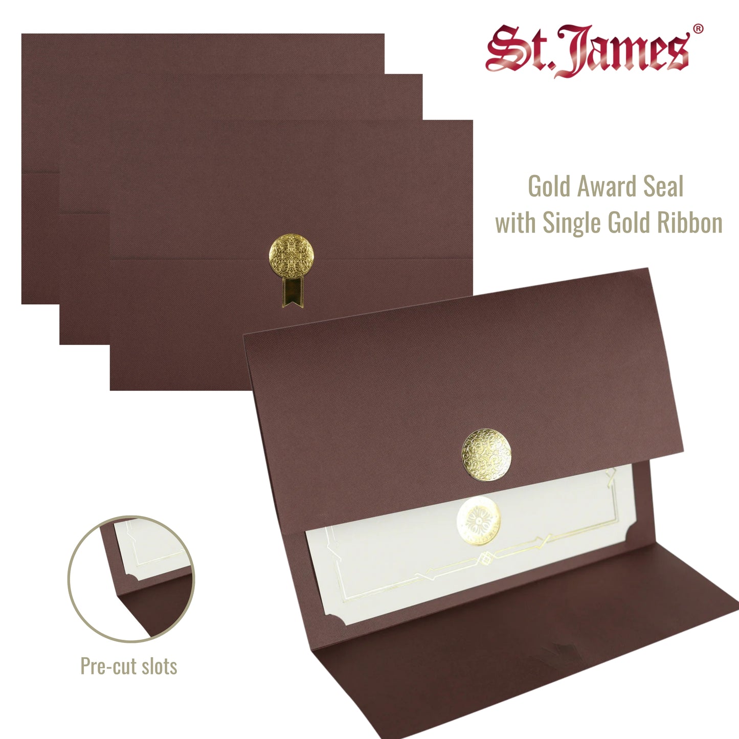 St. James® Porte-certificats/Couvertures de documents/Porte-diplômes, Marron, Sceau de récompense doré avec ruban doré unique, Paquet de 5, 83833