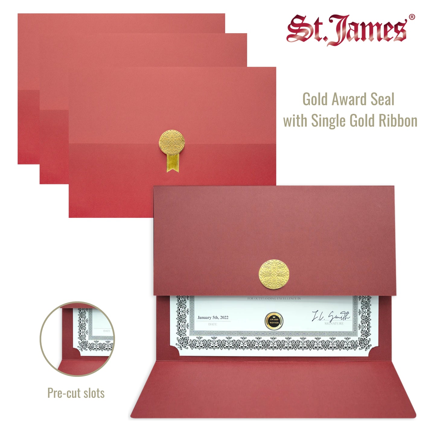 St. James® Certificate Holders/Document Covers/Diploma Holders, Red, Gold Award Seal with Single Gold Ribbon, Pack of 5, 83835