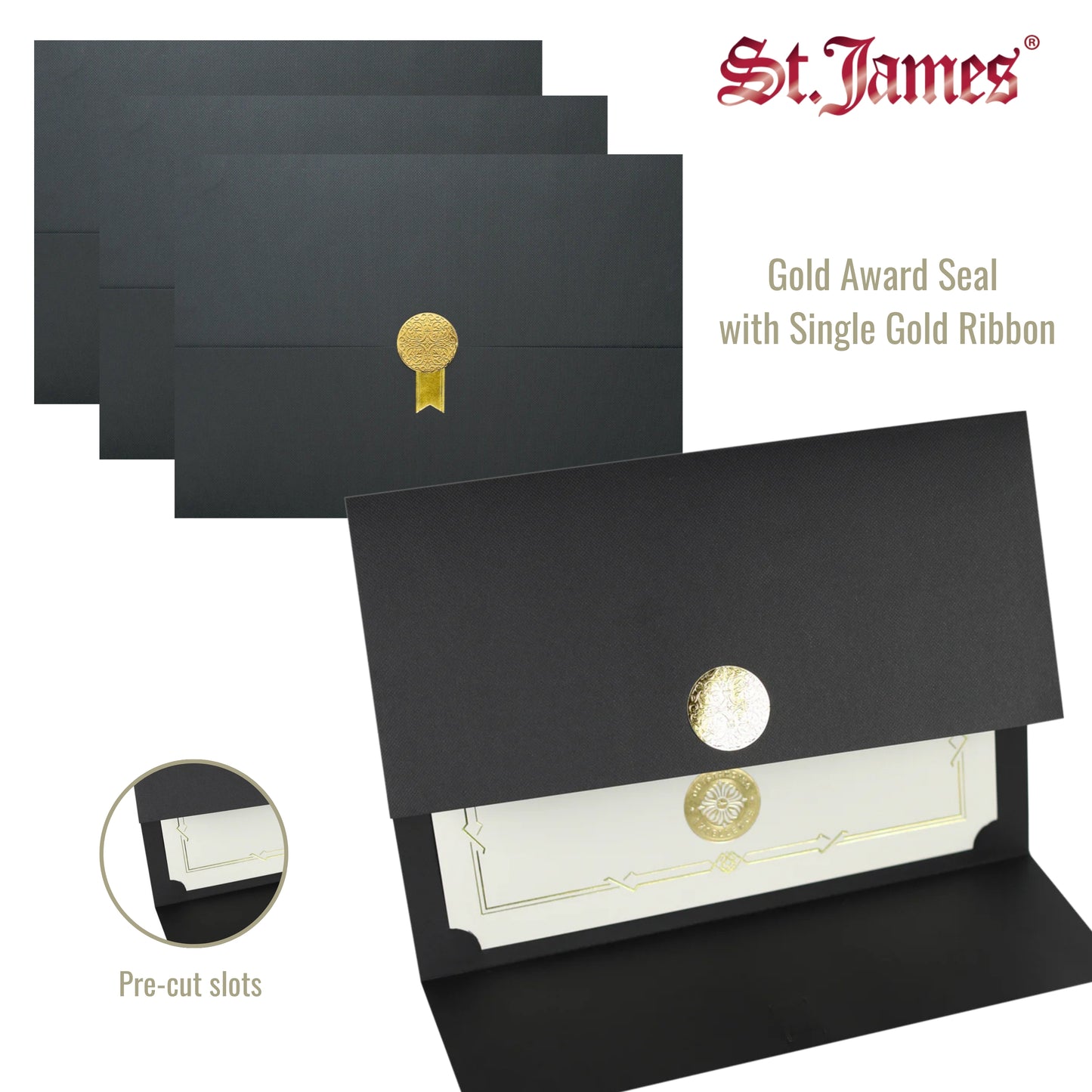 St. James® Certificate Holders/Document Covers/Diploma Holders, Black, Gold Award Seal with Single Gold Ribbon, Pack of 5, 83839
