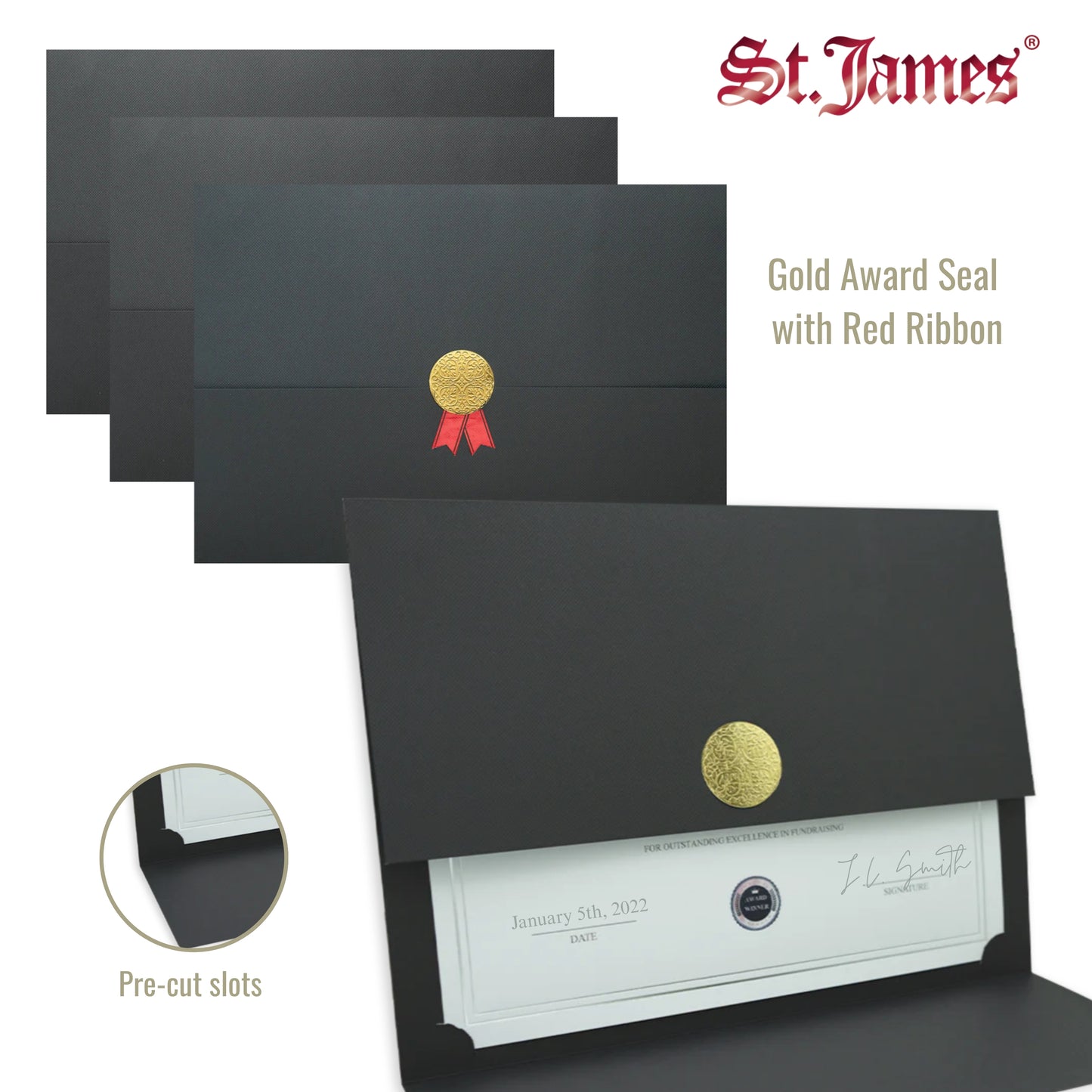 St. James® Porte-certificats/Couvertures de documents/Porte-diplômes, Noir, Sceau d'or avec ruban rouge, Paquet de 5, 83821