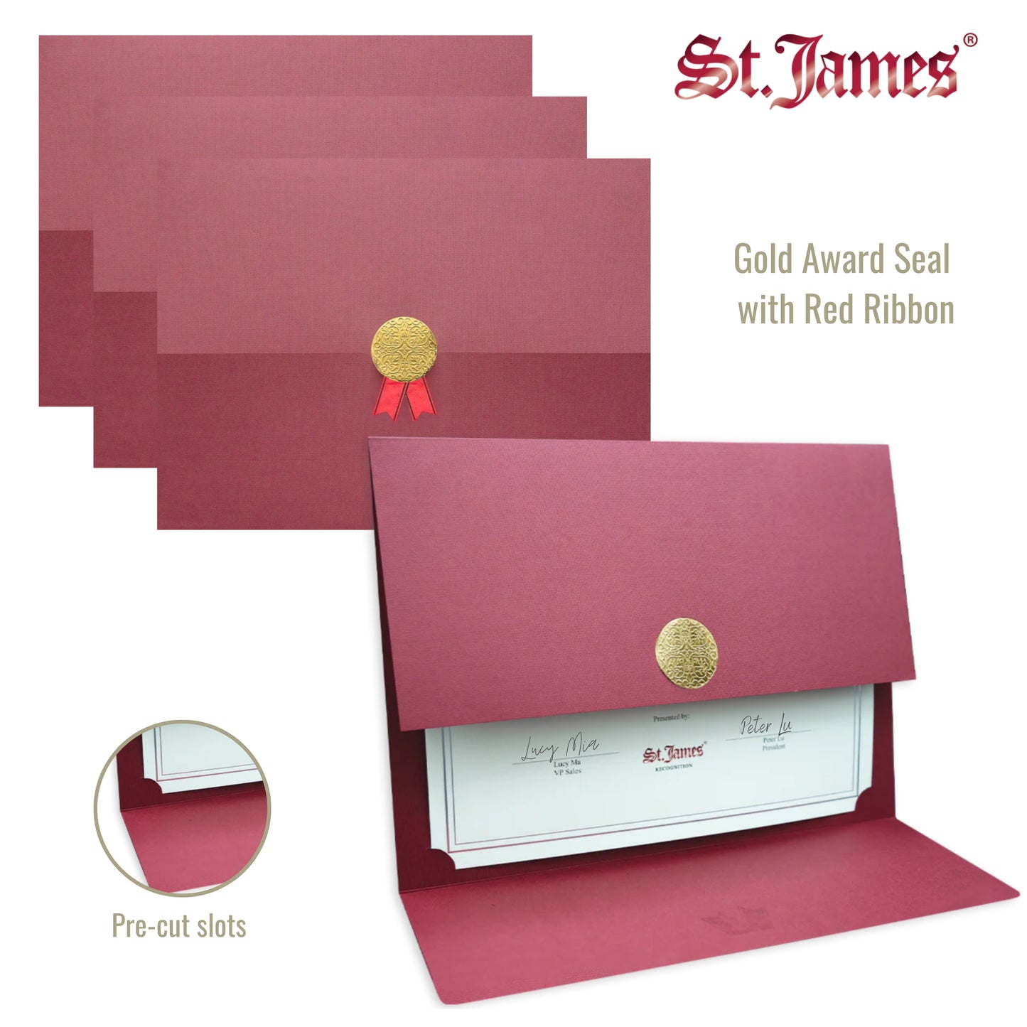 St. James® Porte-certificats/Couvertures de documents/Porte-diplômes, Bordeaux, Sceau d'or avec ruban rouge, Paquet de 5, 83818