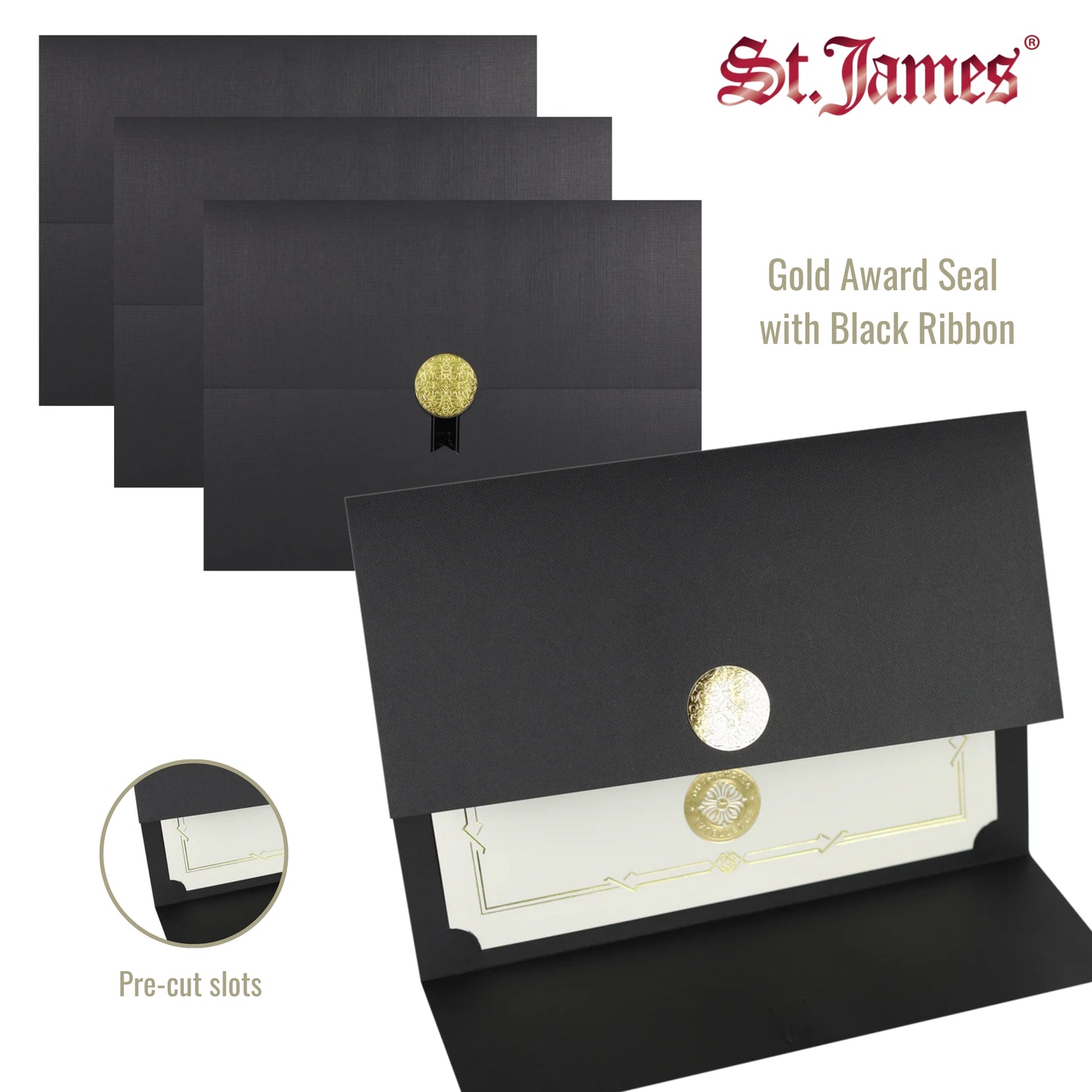 St. James® Certificate Holders/Document Covers/Diploma Holders, Black, Gold Award Seal with Single Black Ribbon, Pack of 5, 83840