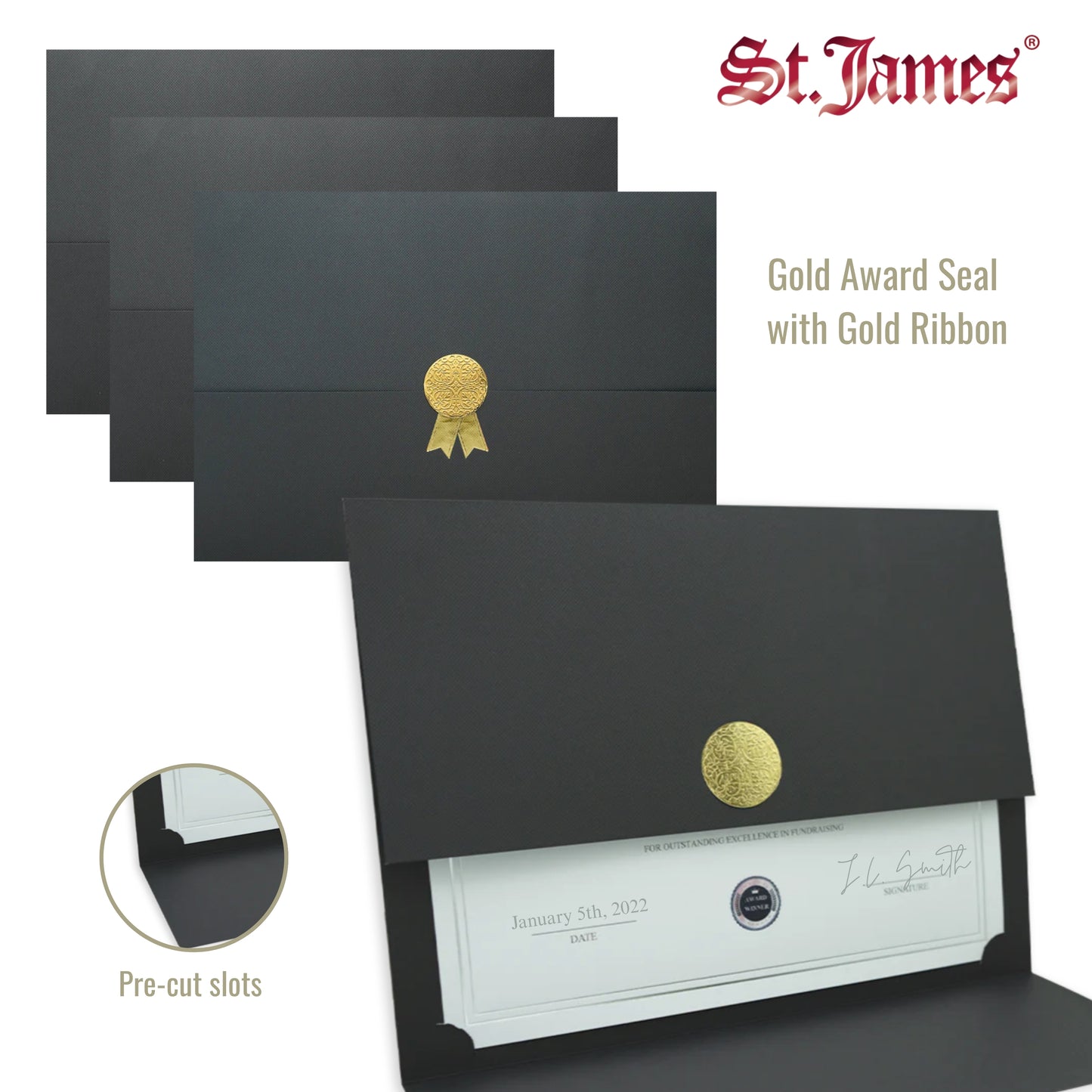 St. James® Porte-certificats/Couvertures de documents/Porte-diplômes, Noir, Sceau de récompense doré avec ruban doré, Paquet de 5, 83822