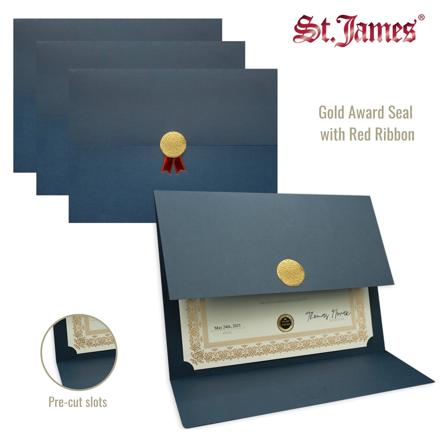 St. James® Porte-certificats/Couvertures de documents/Porte-diplômes, Bleu marine, Sceau d'or avec ruban rouge, Paquet de 5, 83815