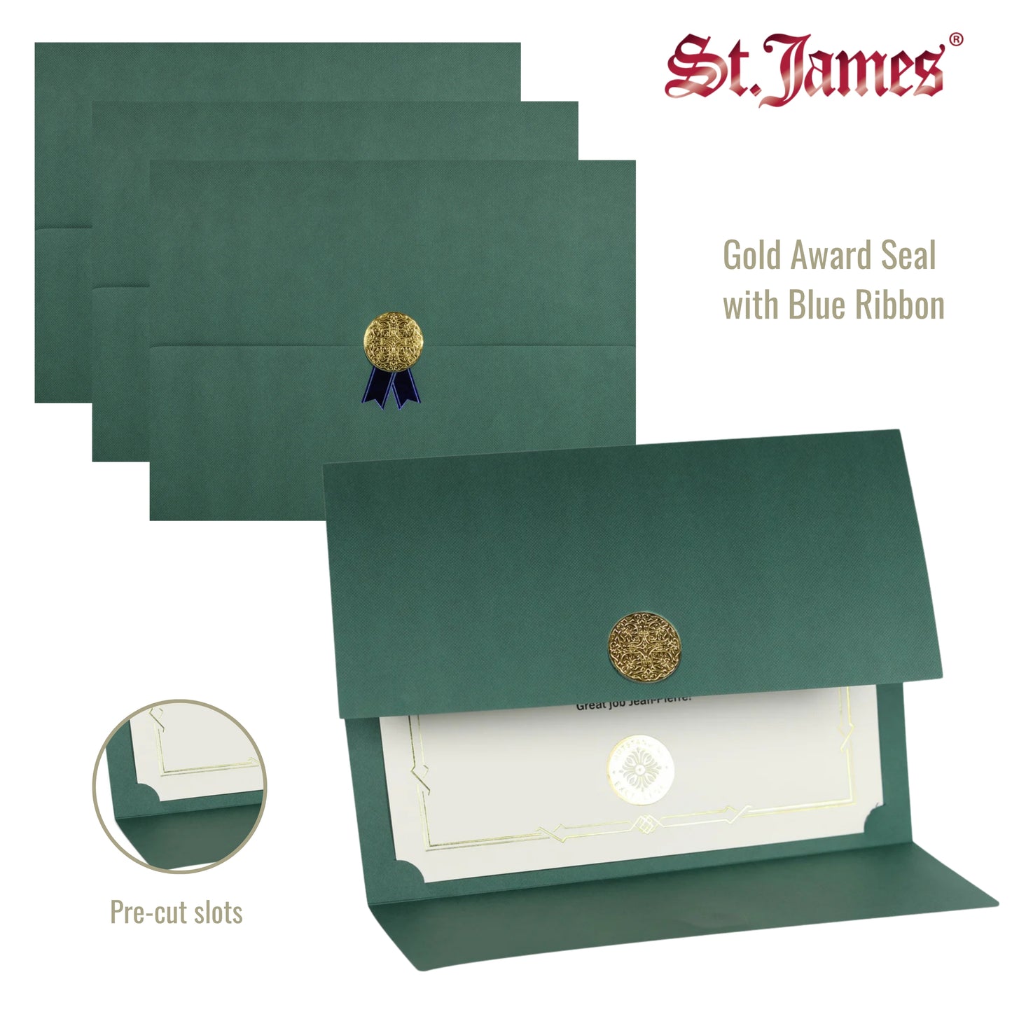 St. James® Porte-certificats/Couvertures de documents/Porte-diplômes, Vert, Sceau d'attribution d'or avec ruban bleu, Paquet de 5, 83823