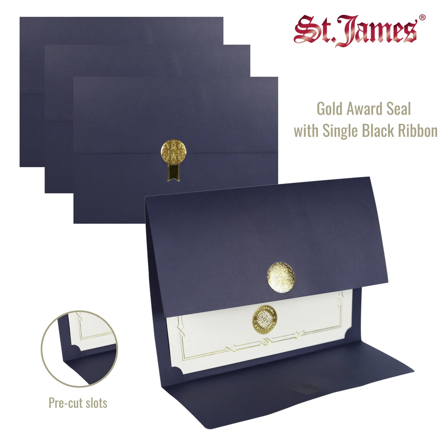 St. James® Certificate Holders/Document Covers/Diploma Holders, Navy Blue, Gold Award Seal with Single Black Ribbon, Pack of 5, 83837