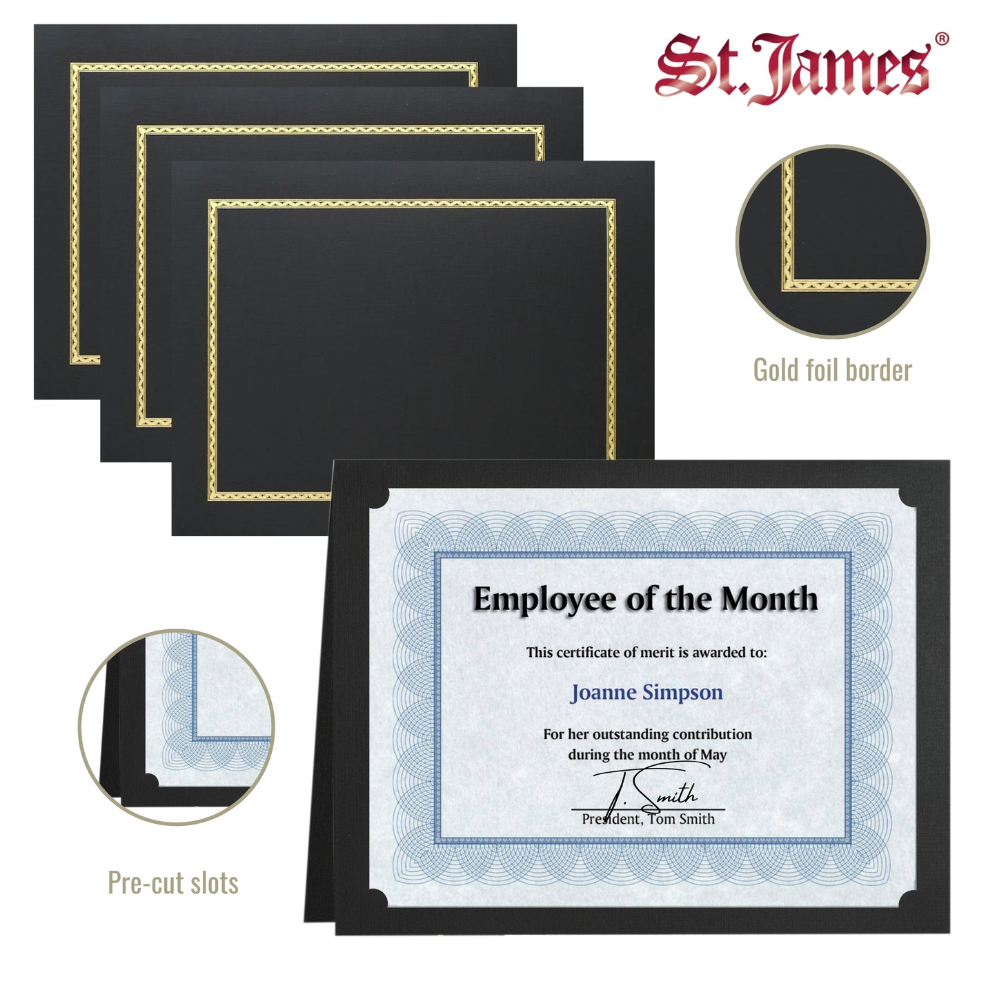 St. James® Certificate Holders/Document Covers/Diploma Holders, Black, Gold Foil Border, Linen Finish, Pack of 5, 83848