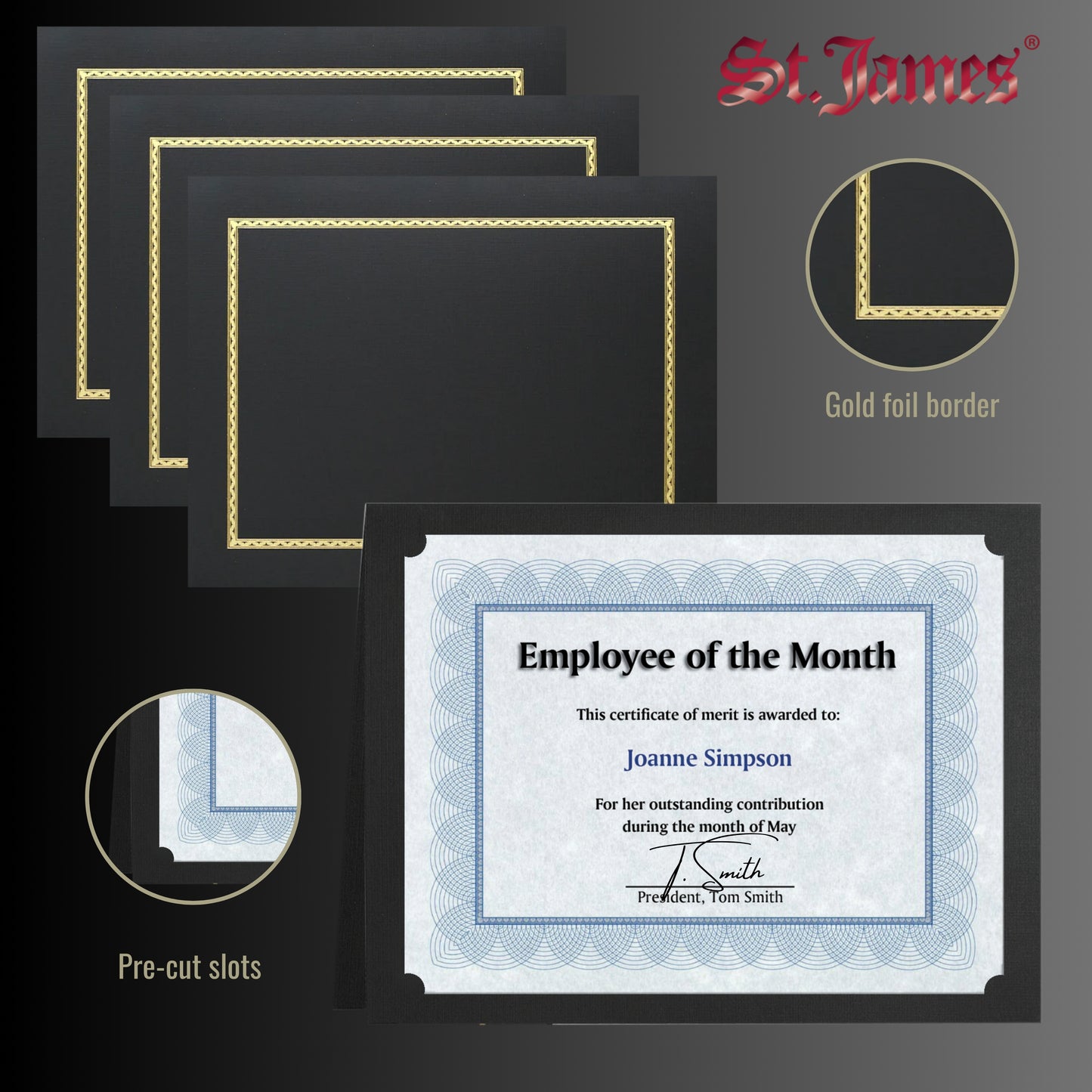 St. James® Certificate Holders/Document Covers/Diploma Holders, Black, Gold Foil Border, Linen Finish, Pack of 5, 83848