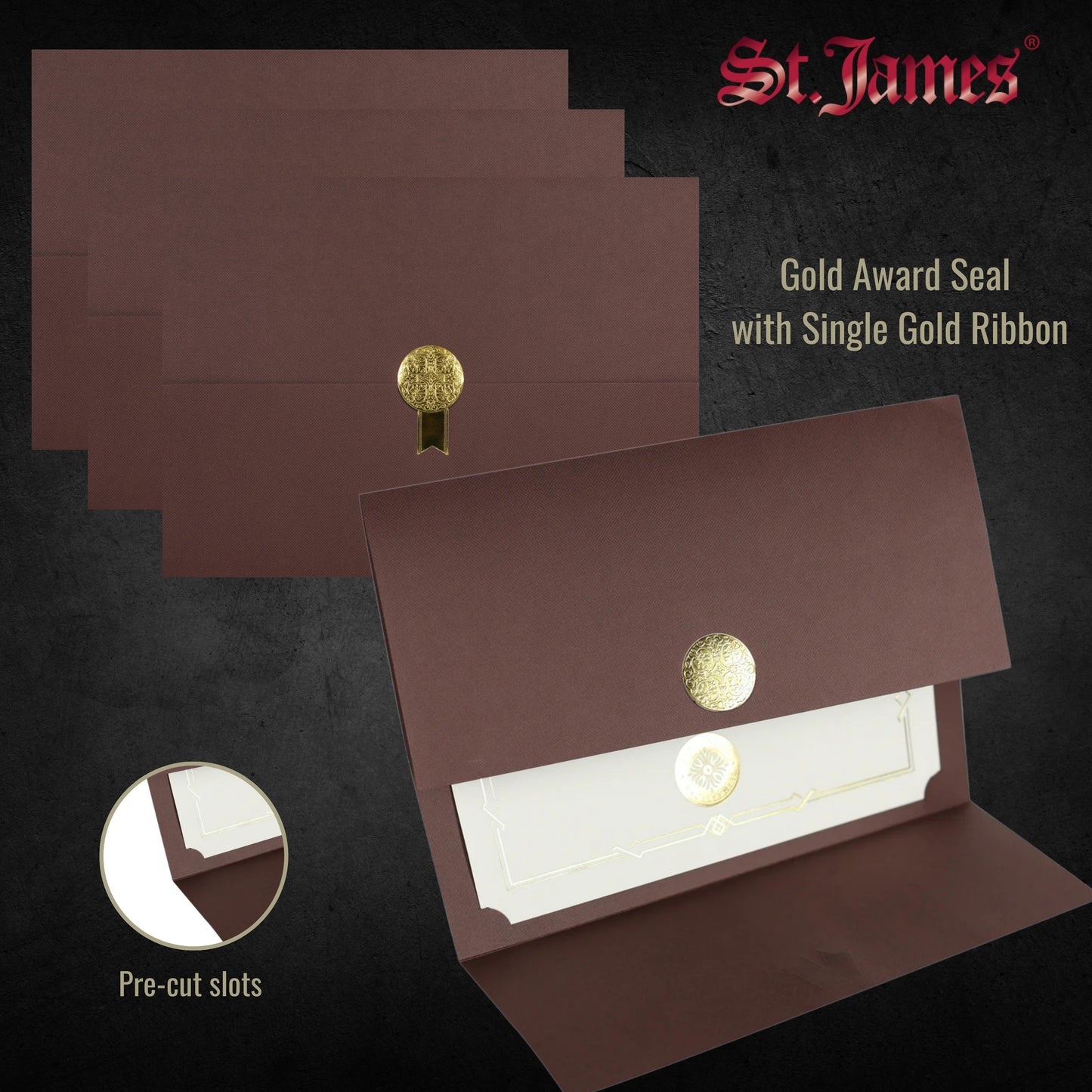 St. James® Porte-certificats/Couvertures de documents/Porte-diplômes, Marron, Sceau de récompense doré avec ruban doré unique, Paquet de 5, 83833
