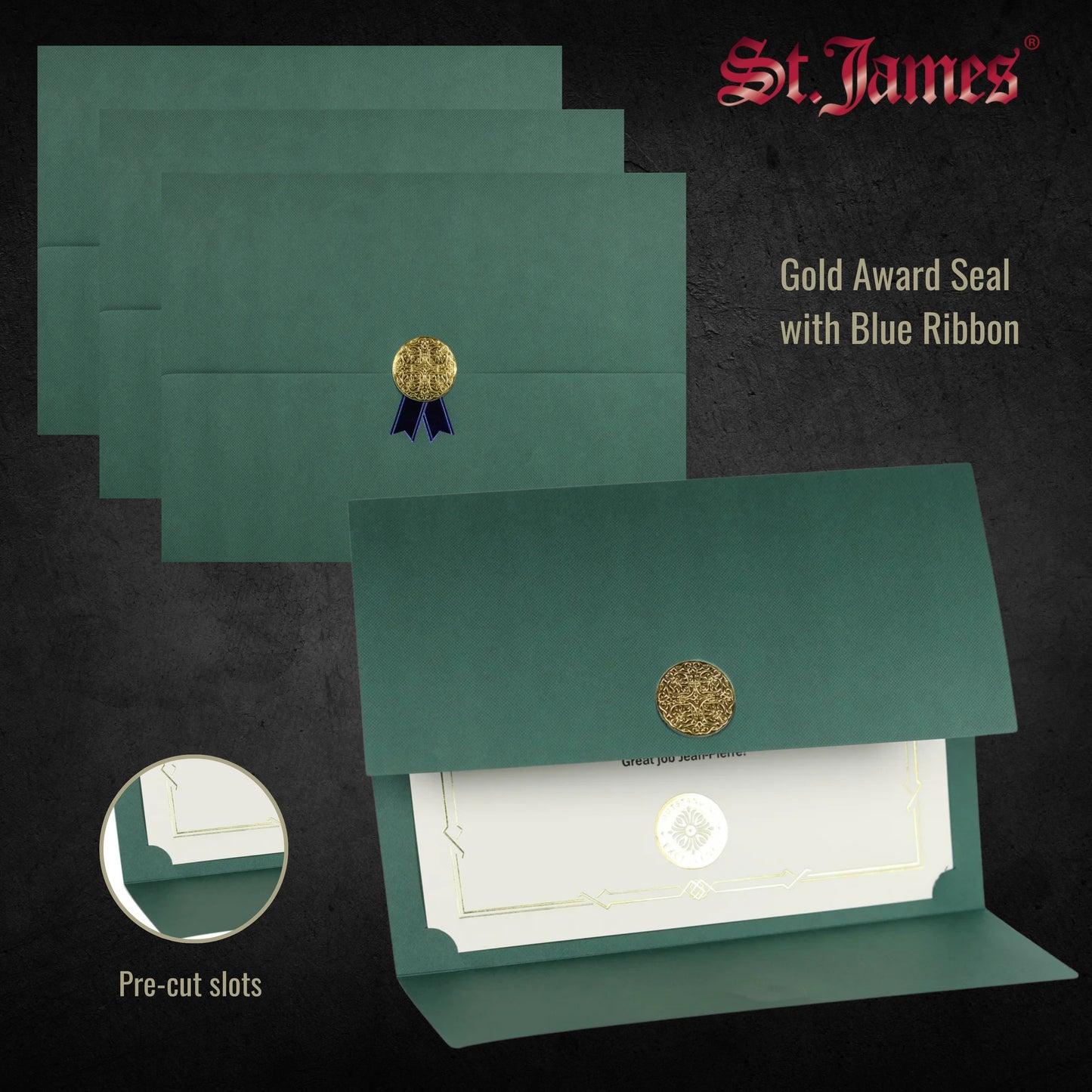 St. James® Porte-certificats/Couvertures de documents/Porte-diplômes, Vert, Sceau d'attribution d'or avec ruban bleu, Paquet de 5, 83823