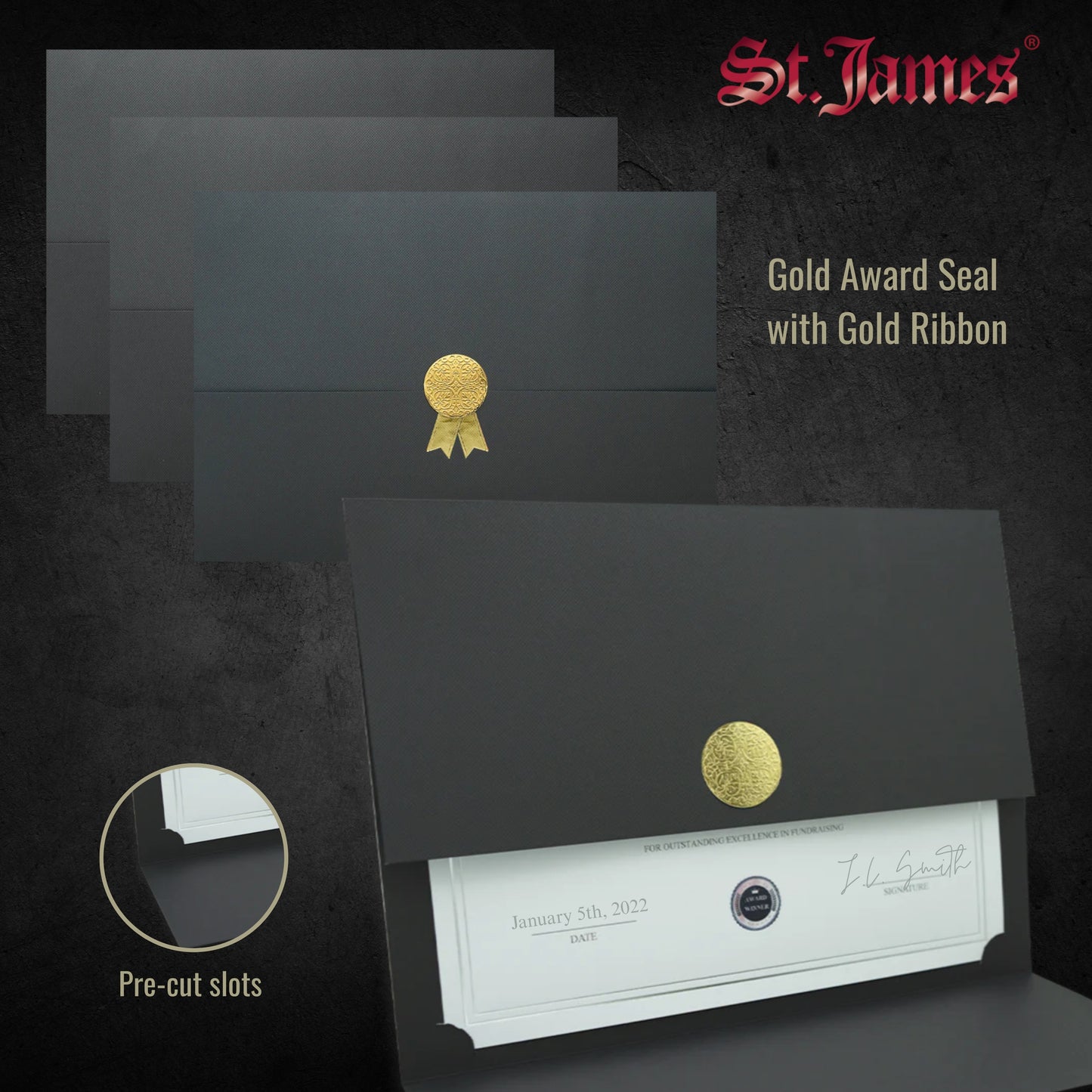 St. James® Porte-certificats/Couvertures de documents/Porte-diplômes, Noir, Sceau de récompense doré avec ruban doré, Paquet de 5, 83822