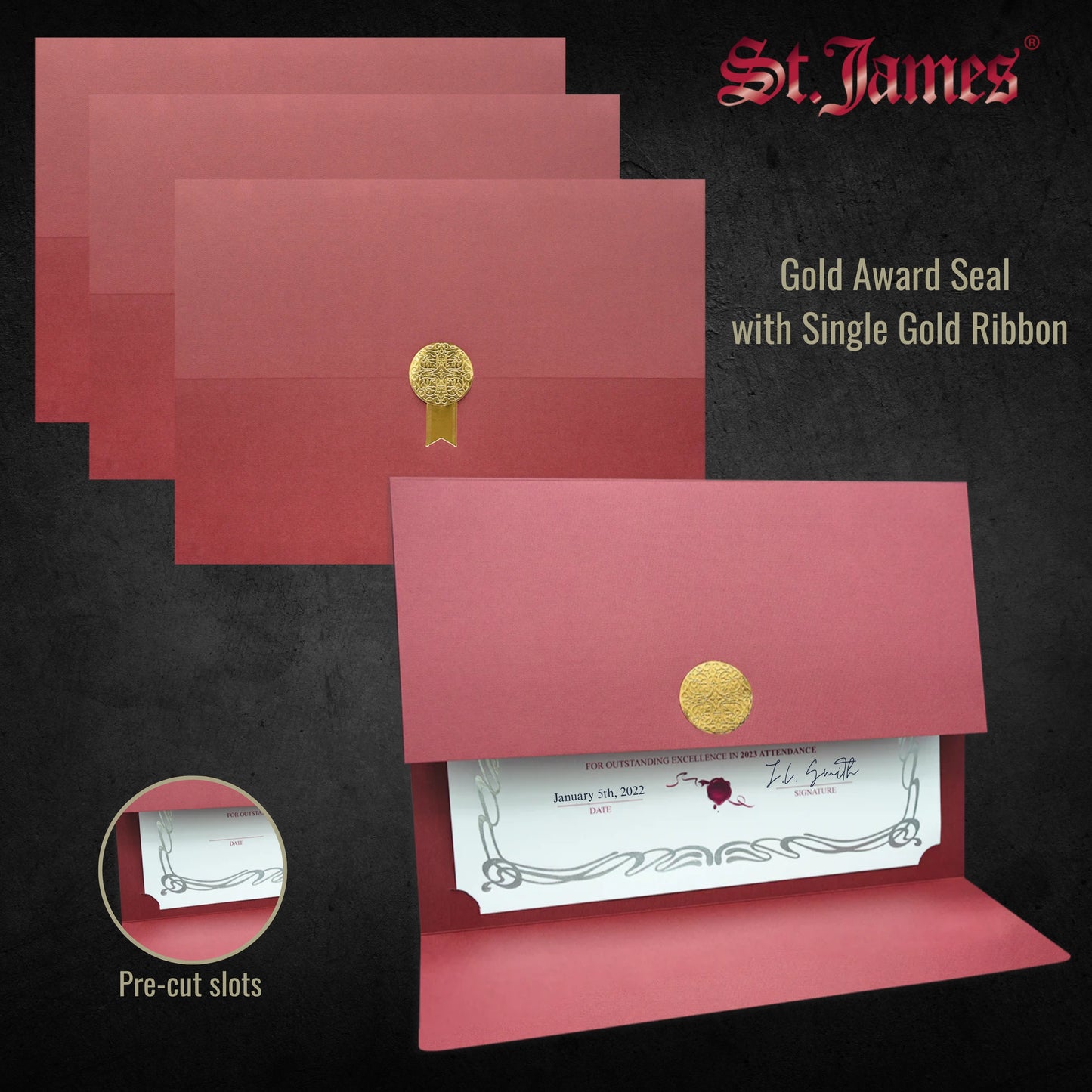 St. James® Porte-certificats/Couvertures de documents/Porte-diplômes, Bordeaux, Sceau d'or avec ruban doré, Paquet de 5, 83819